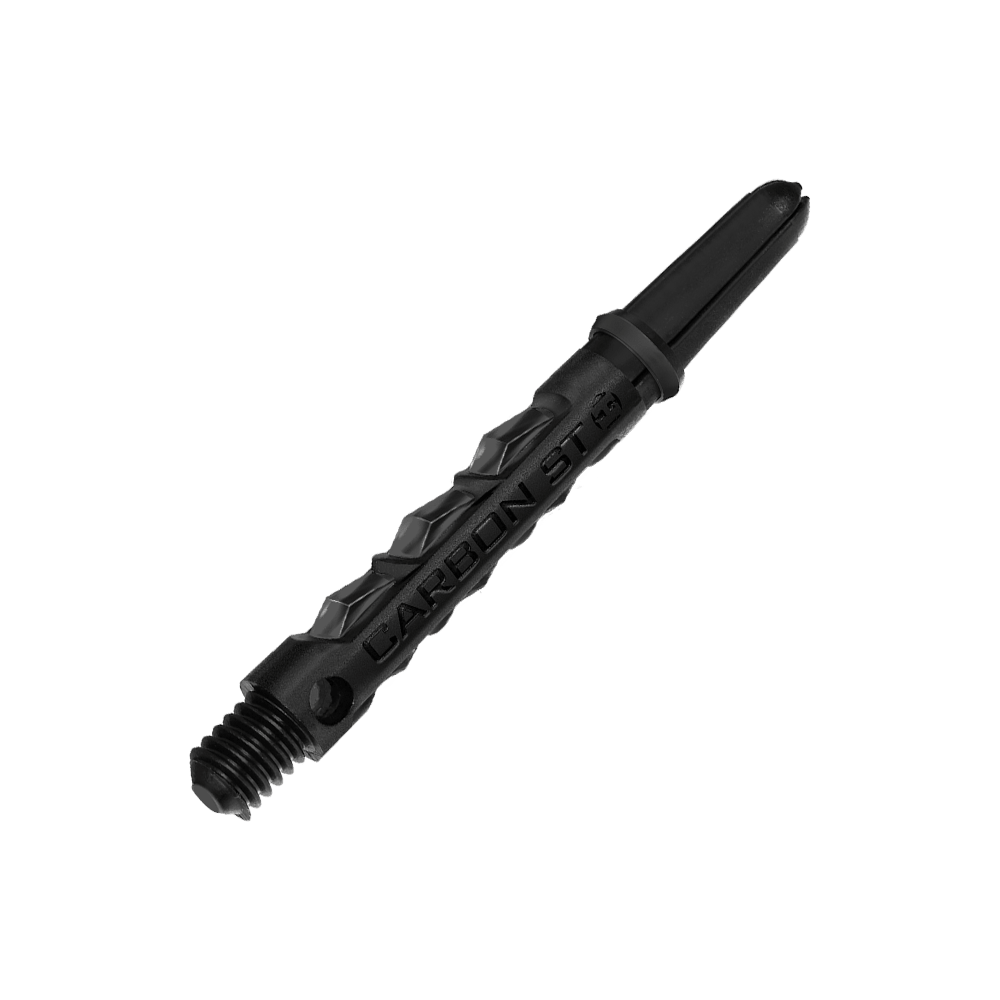 HR435_Harrows_Carbon_ST_Shafts_Schwarz_40mm_2 Das Bild zeigt einen schwarzen Harrows Carbon ST Shafts für Darts. Der Schaft besteht aus robustem Carbonmaterial und hat eine strukturierte Oberfläche.