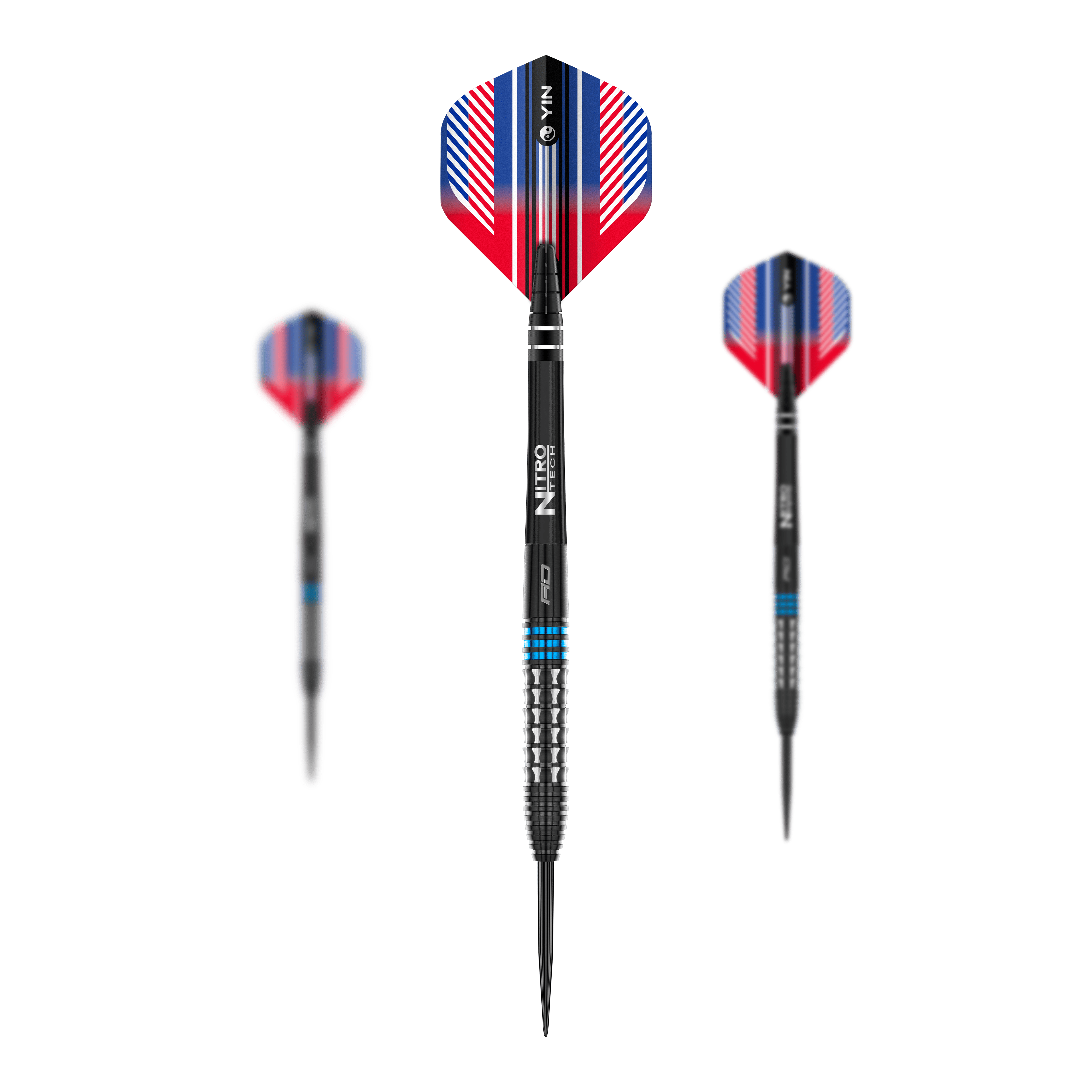 Dardos de acero azul Red Dragon Vengeance Das Bild zeigt drei Steeldarts des Produkts 'Red Dragon Vengeance Blue'. Die Darts haben schwarze Spitzen, silberne Griffe mit blauen Ringen und auffällige Flights in Rot, Blau und Weiß.