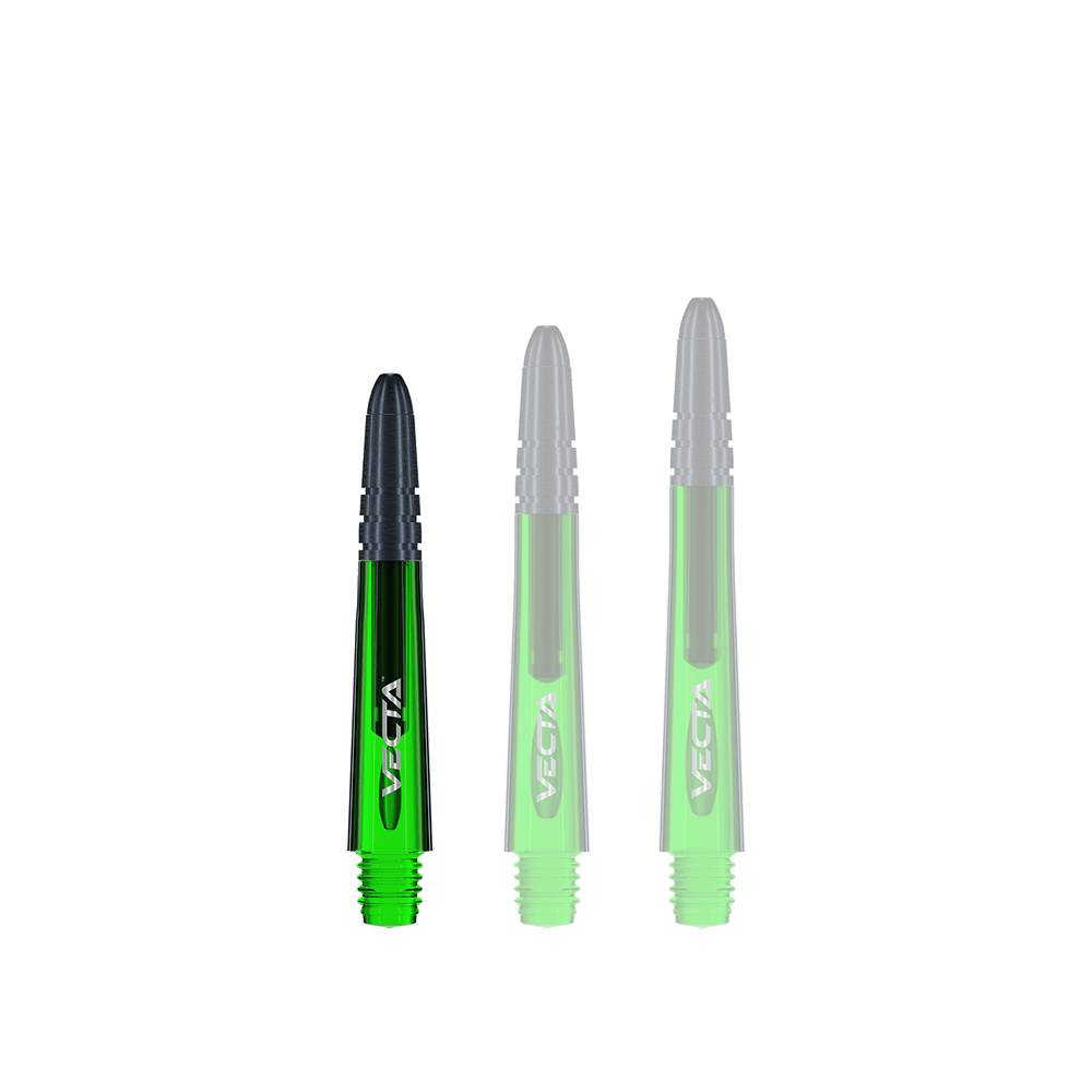 7025-104_Winmau_Vecta_Shafts_Gr-n_34mm_1 Das Bild zeigt drei grüne Winmau Vecta Shafts in unterschiedlichen Längen. Die Spitzen der Shafts sind schwarz und auf jedem steht der Schriftzug "Vecta".