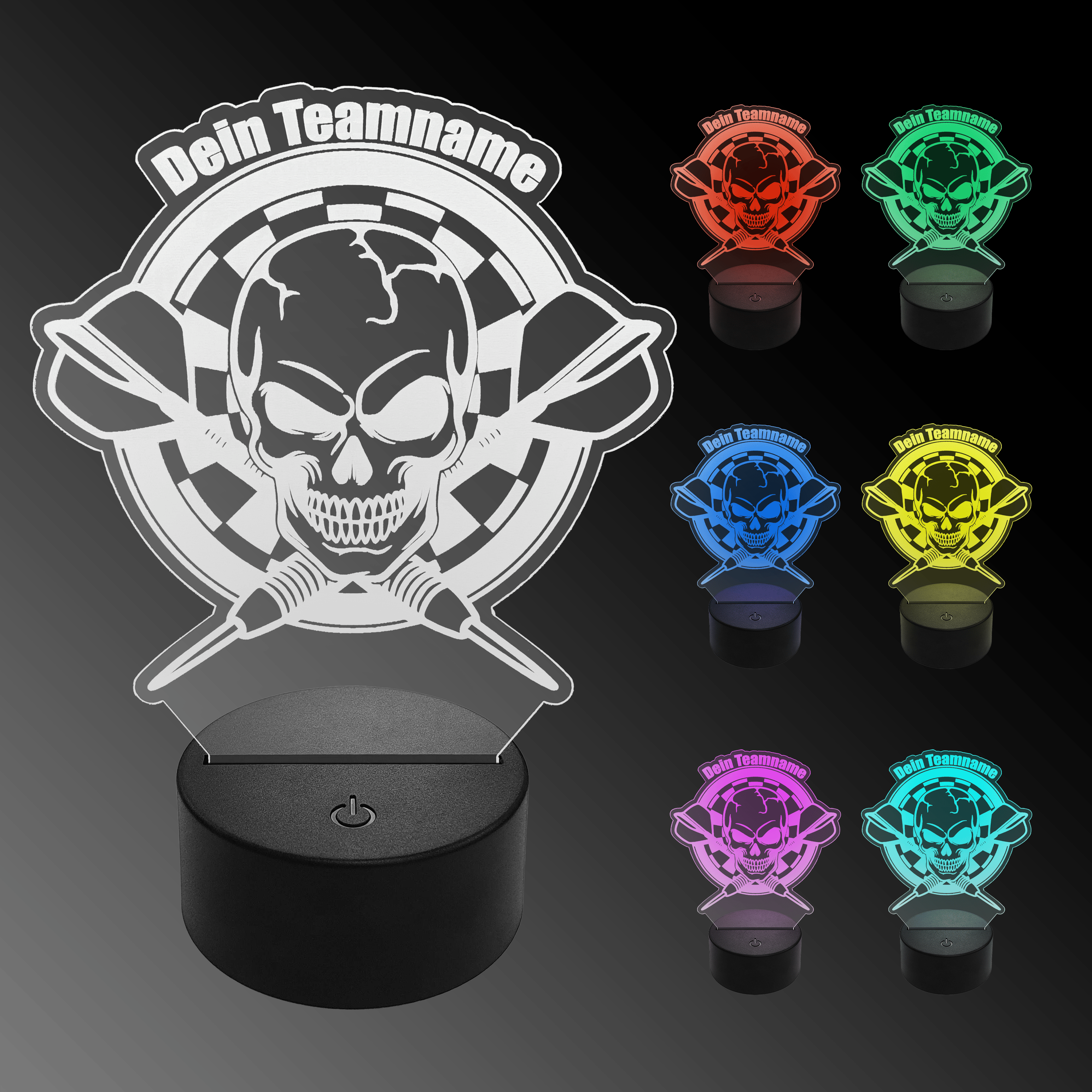 Lámpara de dardo LED de plexiglás con texto personalizado Das Bild zeigt eine LED-Lampe in Form eines Plexiglas-Schildes mit einem Totenkopf und Dartpfeilen, auf dem „Dein Teamname“ steht. Rechts sind sechs weitere Varianten der Lampe in verschiedenen Farben zu sehen.
