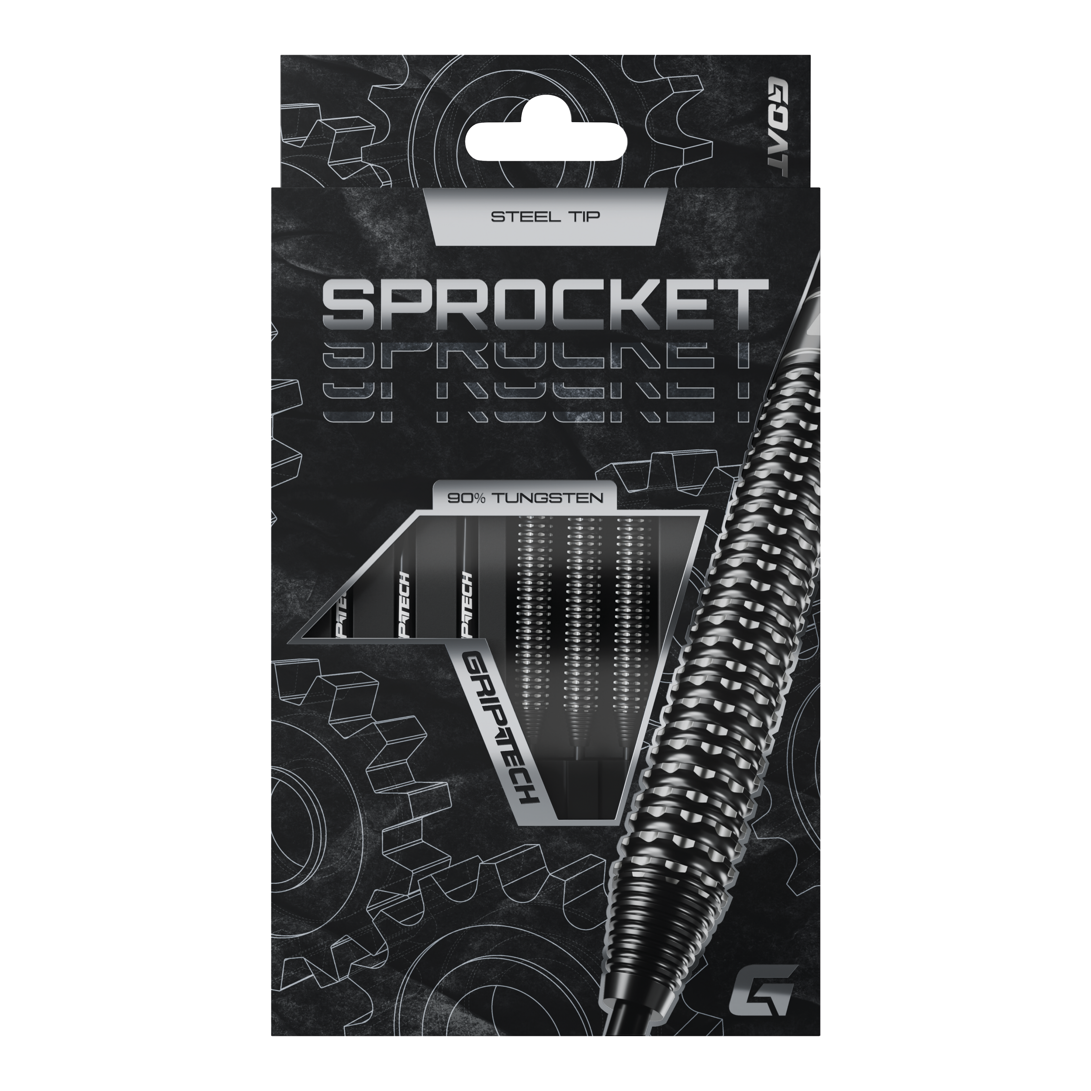Dardos de acero de tungsteno GOAT Sprocket Die Abbildung zeigt die Verpackung der GOAT Sprocket Tungsten Steeldarts. Auf der Packung sind die Eigenschaften wie "Steel Tip" und "90% Tungsten" deutlich hervorgehoben.