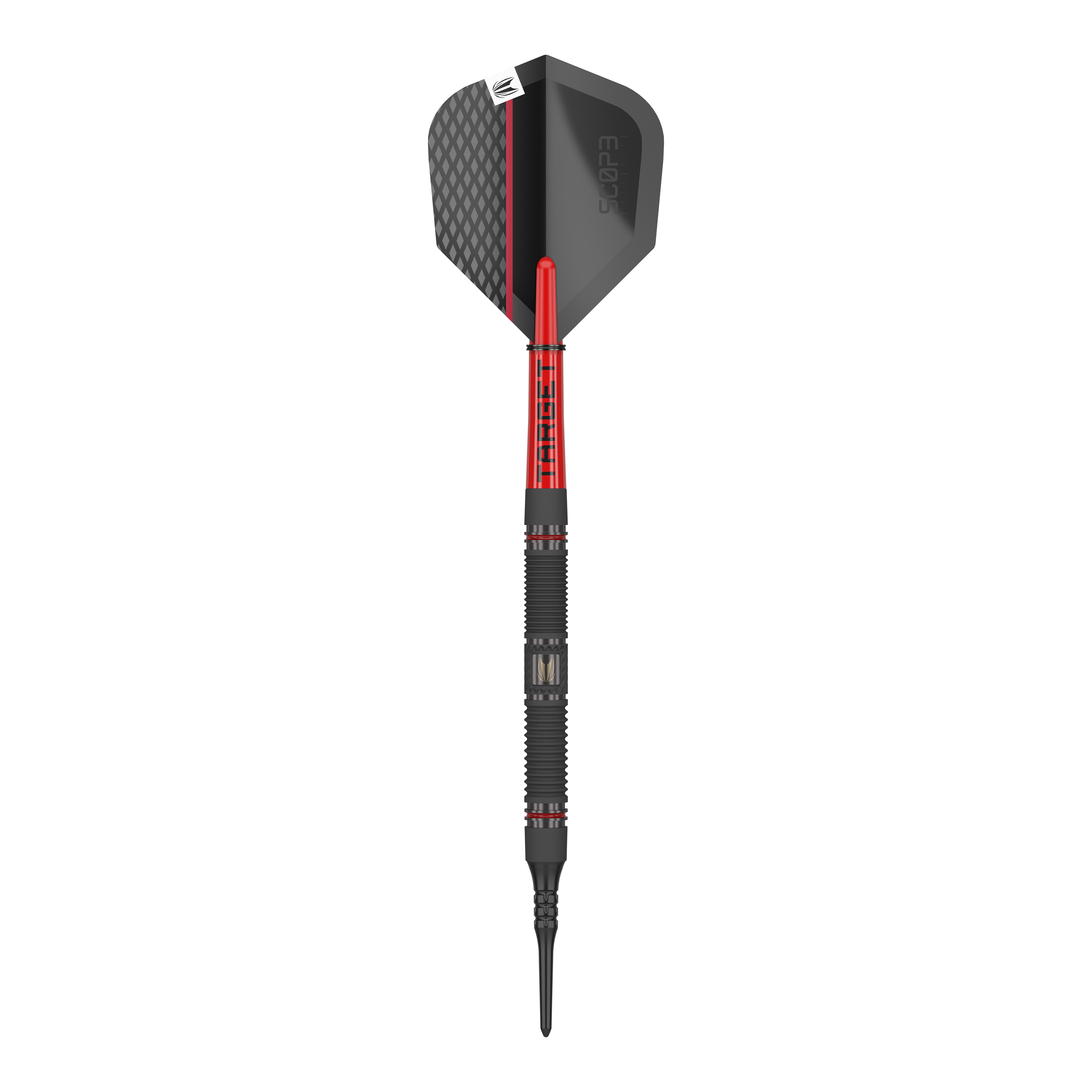 Target Scope 10 dardos blandos Das Bild zeigt einen Target Scope 10 Softdart. Der Dartpfeil hat ein schwarzes und rotes Design mit einer strukturierten Spitze und einer schwarzen Flight.