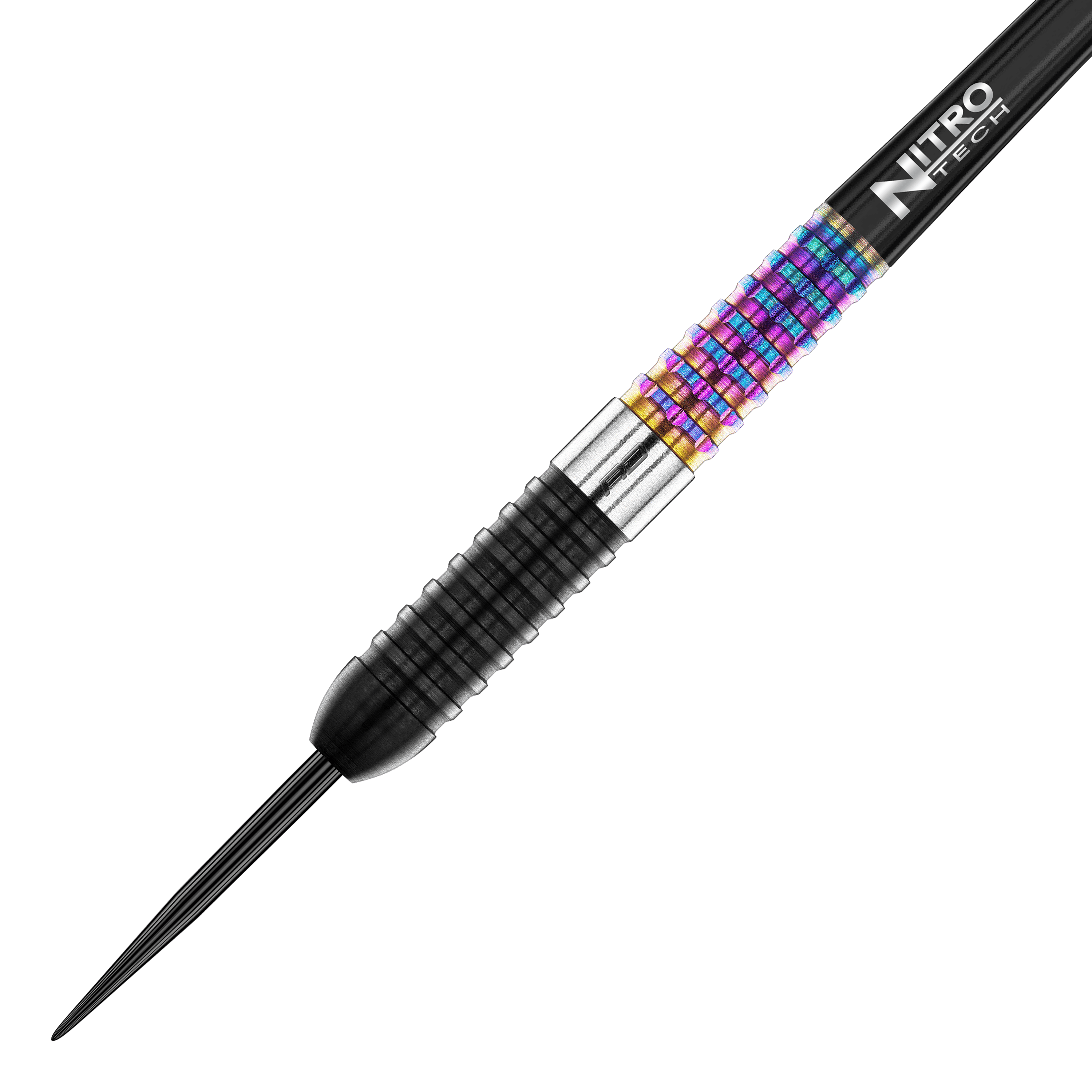 Das Bild zeigt einen Red Dragon Peter Wright Corra Steeldart. Der Dartpfeil hat einen auffälligen, bunten Griffbereich und eine schwarze Spitze.