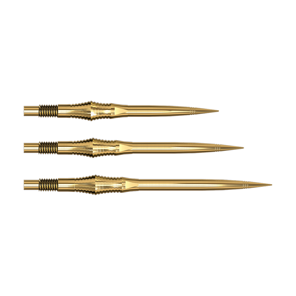 Harrows Quick Point Spire Elite Series Dartspitzen - Gold Die Spire Gold Elite Series Dartspitzen sind abgebildet. Sie sind goldfarben und schlank gebaut.