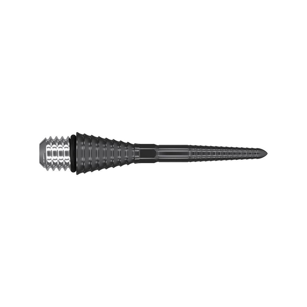380172_Target_Titanium_Swiss_Point_Grooved_Conversion_Points_Schwarz_26mm_2 Auf dem Bild ist eine schwarze, gerillte Dartspitze aus Metall zu sehen. Sie hat eine konische Form und ein silbernes Schraubgewinde am Ende.