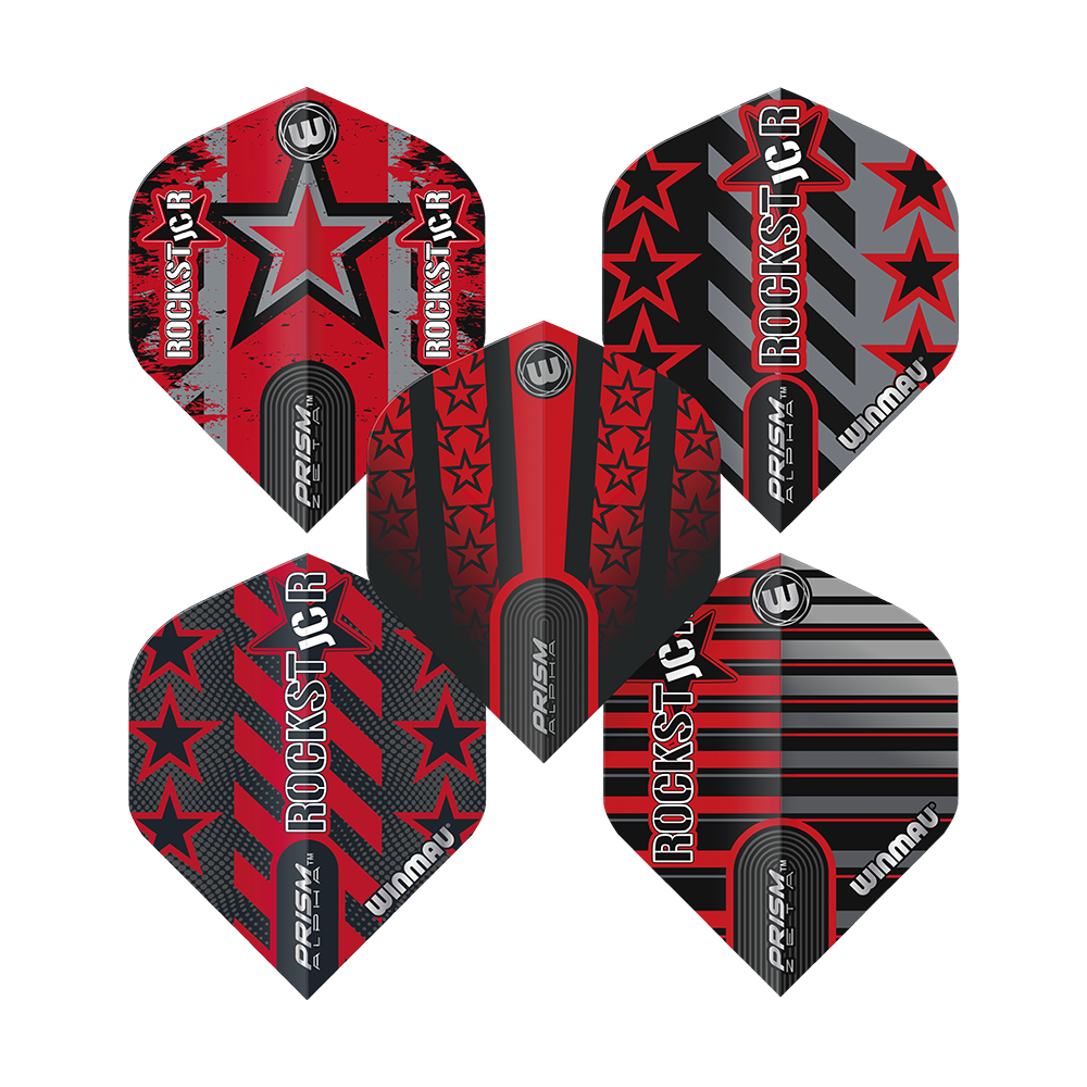 8138_Winmau_Joe_Cullen_Prism_Flight_Collection_2 Das Bild zeigt die "Winmau Joe Cullen Prism Flight Collection" mit fünf verschieden gestalteten Flights. Die Flights sind überwiegend in Rot, Schwarz und Grau gehalten und mit Sternen sowie dem Schriftzug "Rockstar" verziert.