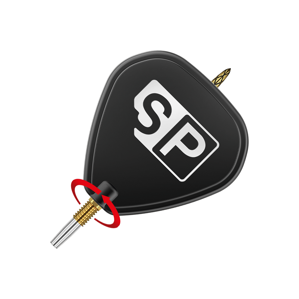 Puntas de dardo Target Swiss DS Surge Point - Oro Das Bild zeigt eine schwarze Dartspitze mit der Aufschrift "SP" auf dem Flight. Ein roter Pfeil zeigt eine Drehbewegung an der goldenen Verschraubung der Spitze.