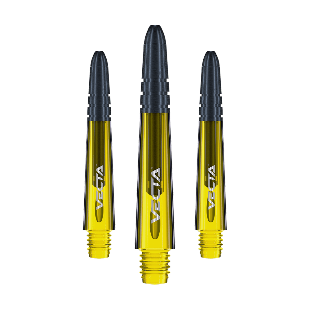 7025-106_Winmau_Vecta_Shafts_Gelb_34mm_1 Das Bild zeigt drei gelbe Winmau Vecta Shafts für Darts. Die Schäfte haben einen schwarzen oberen Teil und ein silbernes Logo.