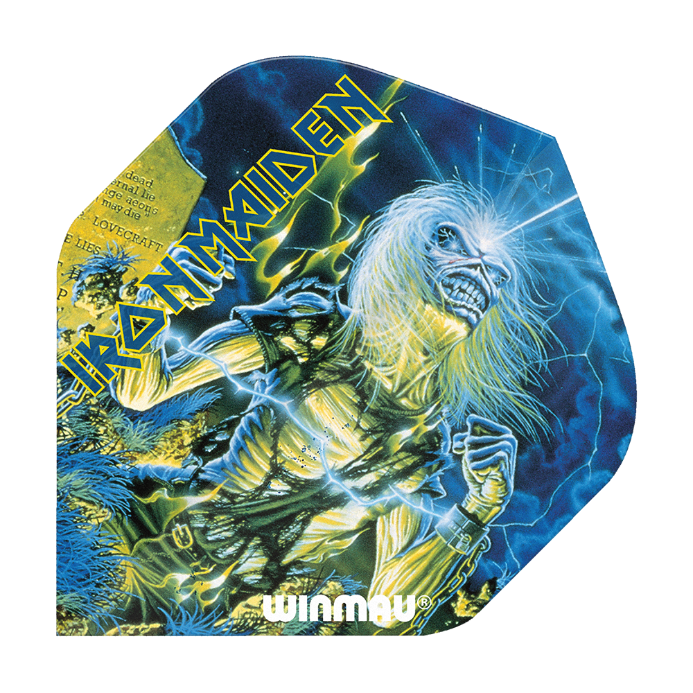6905-240_Winmau_Iron_Maiden_Life_After_Death_Standard_Flights_1 Das Bild zeigt ein Dartflight mit dem Motiv des Iron Maiden Albums "Life After Death". Auf dem Flight sind der Bandname, ein Skelett und der Schriftzug "Winmau" zu sehen.