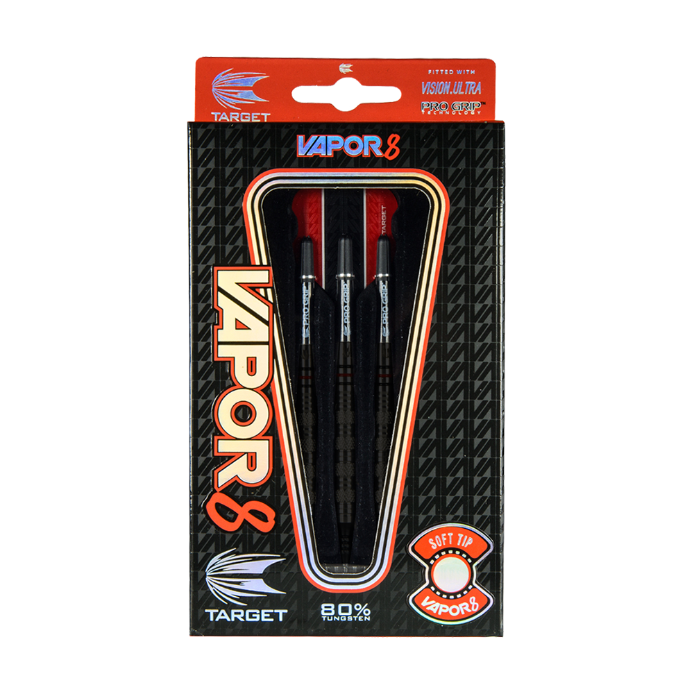 Dardos blandos Target Vapor8 05 - 18 g Das Bild zeigt die Verpackung der "Target Vapor8 05 Softdarts - 18g". In der Packung befinden sich drei schwarze Softdarts mit roten Flights.