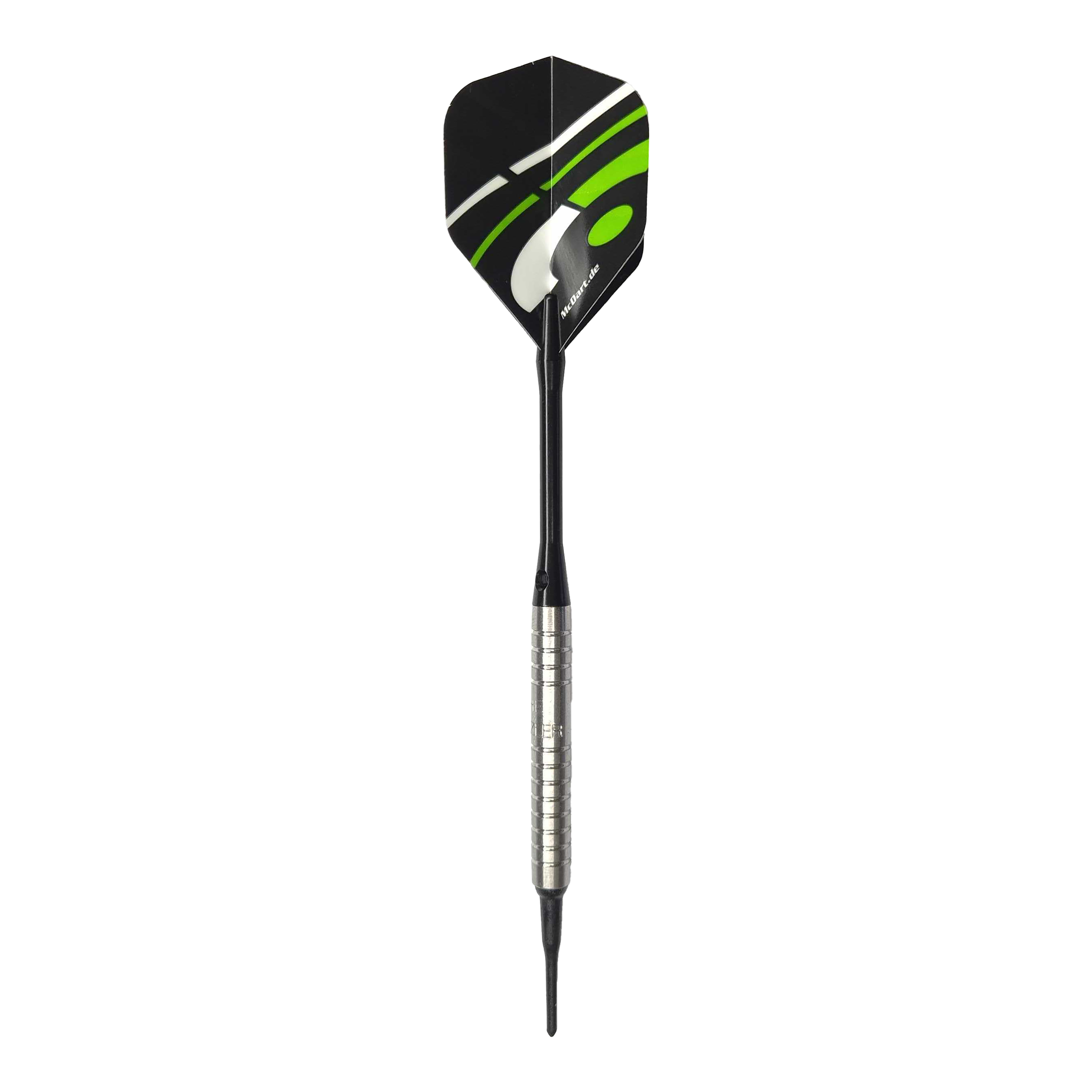 Dardos blandos McDart 85 Tungsten V16 - 16,5 g Das Bild zeigt einen McDart 85er Tungsten V16 Softdart mit einem Gewicht von 16,5g. Der Dart besitzt einen silbernen, gerillten Barrel und schwarze sowie grüne Akzente auf dem Flight.
