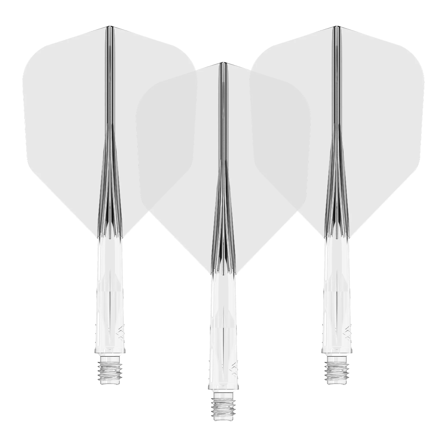 Sistema de eje de vuelo Mission Force 90 No6 - Transparente Auf dem Bild sind drei klare Dart-Flights mit passenden transparenten Schäften zu sehen. Sie sind nebeneinander angeordnet und zeigen eine einheitliche, schlichte Optik.