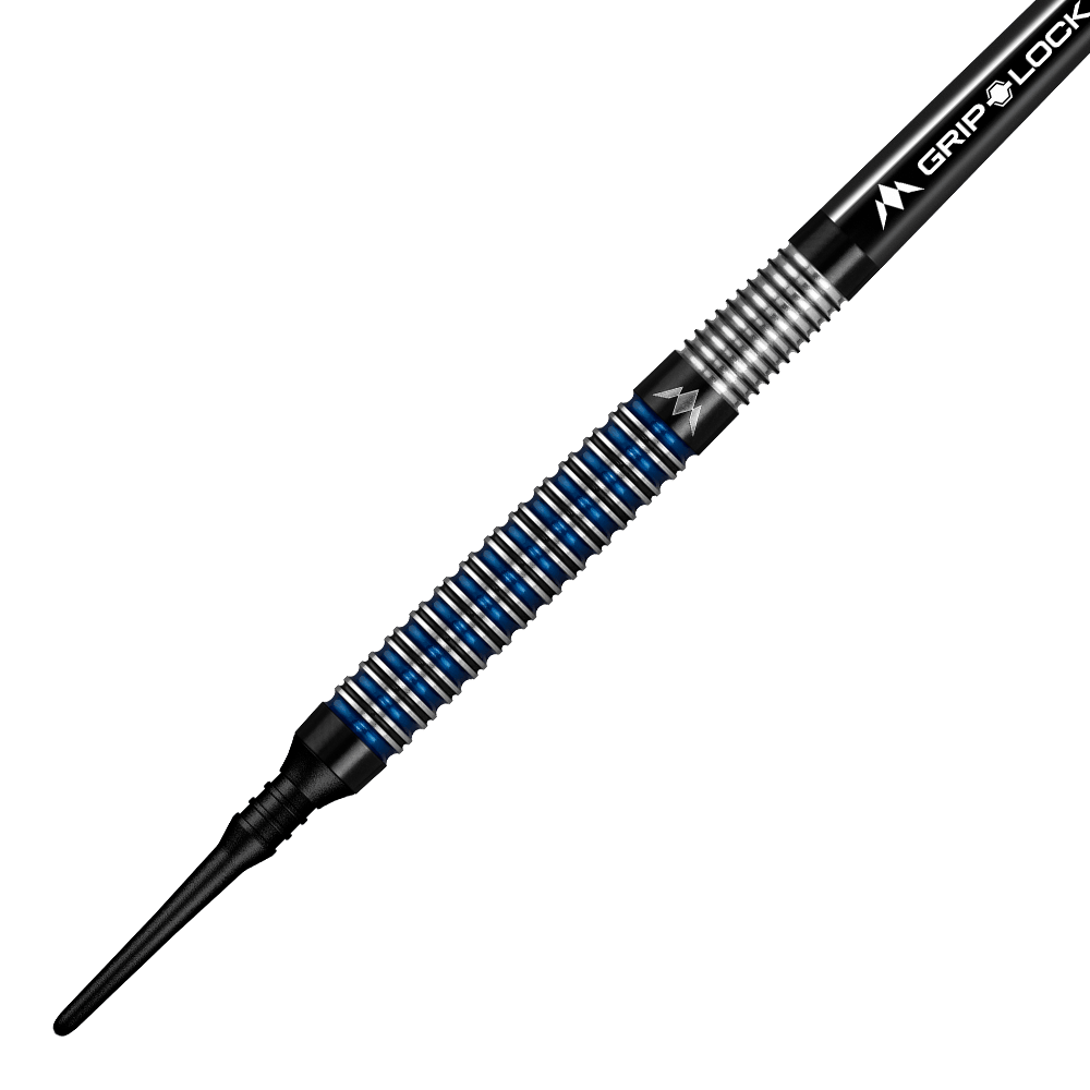 dardos blandos Mission Nightfall Modelo 1 Das Bild zeigt einen Mission Nightfall Model 1 Softdart mit einem schwarzen und blauen Ringdesign am Griff. Der Dart besitzt eine feine Riffelung für besseren Halt und eine schwarze Softspitze.