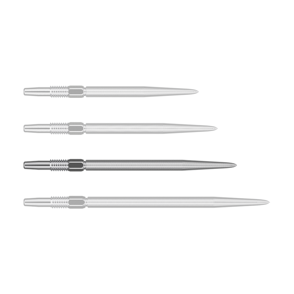 Puntas para dardos Target Swiss Point Nano - Plata Auf dem Bild sind vier silberne Dartspitzen in einer Reihe zu sehen. Sie liegen nebeneinander und sind identisch in Form und Größe.