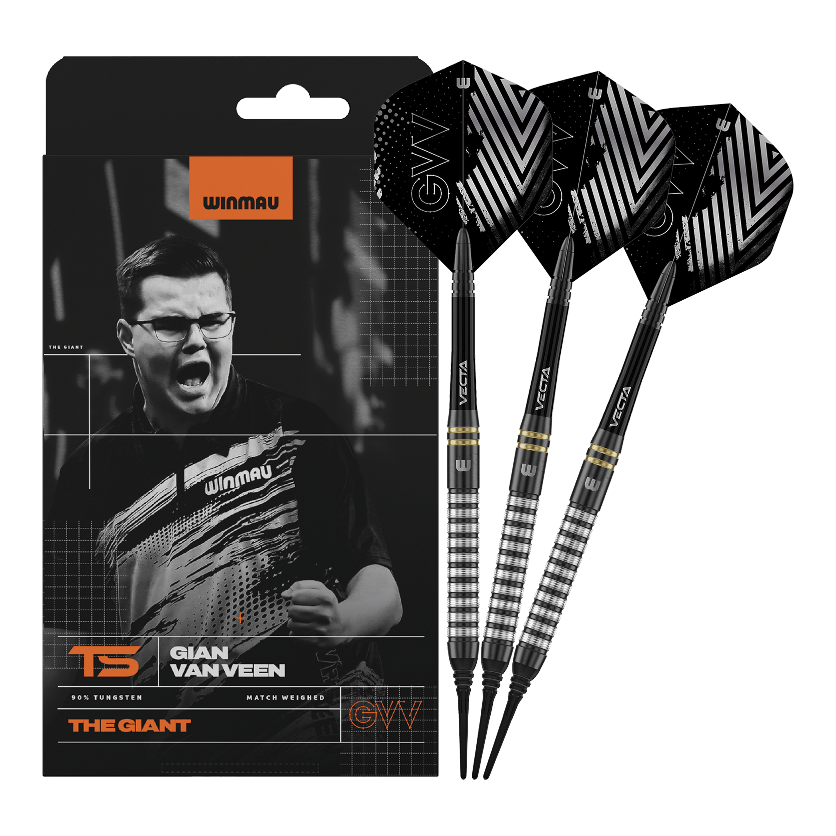 Dardos blandos Winmau Gian Van Veen TS - 18 g Winmau Gian Van Veen TS Softdarts mit 18g werden komplett dargestellt. Alle drei Darts sind zusammen zu sehen.