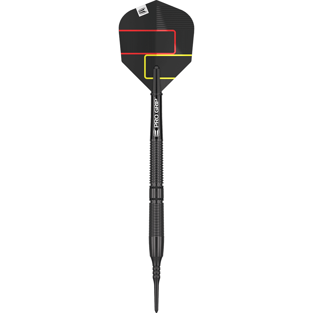 210322_Target_Gabriel_Clemens_Black_Edition_Softdarts_1cRpg80ngytQSY Der Target Gabriel Clemens Black Edition Softdart – 19g ist ein eleganter, schwarzer Softdartpfeil mit farbigen Linien auf dem Flight. Der Schaft trägt die Aufschrift "Pro Grip" und das Dart-Design wirkt modern und professionell.