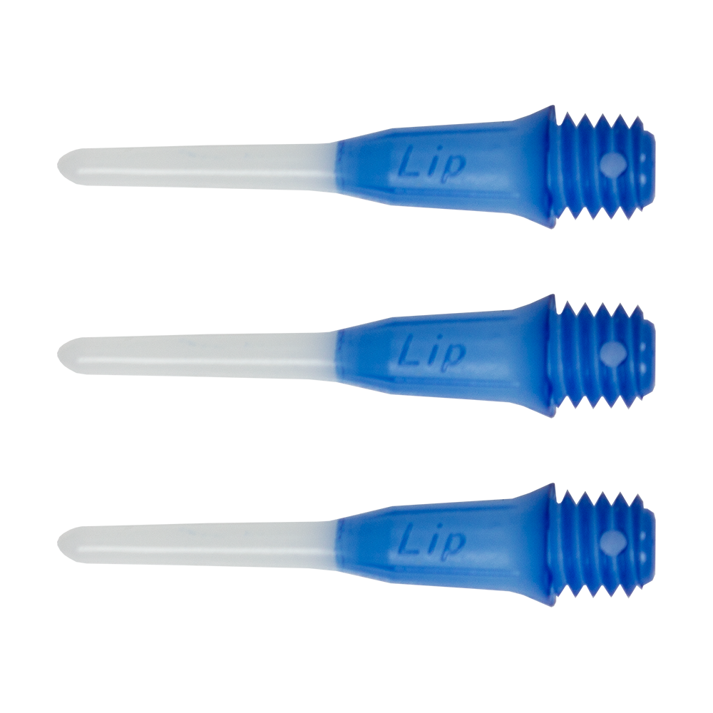 SLIPPTT-BL_L-Style_Two_Tone_Short_Lippoints_Dark_Blue_-30er_Pack Das Bild zeigt drei blaue und weiße Dartspitzen der Marke "L-Style Two Tone Short Lippoints". Sie sind speziell für Softdarts konzipiert und tragen den Schriftzug "Lip".