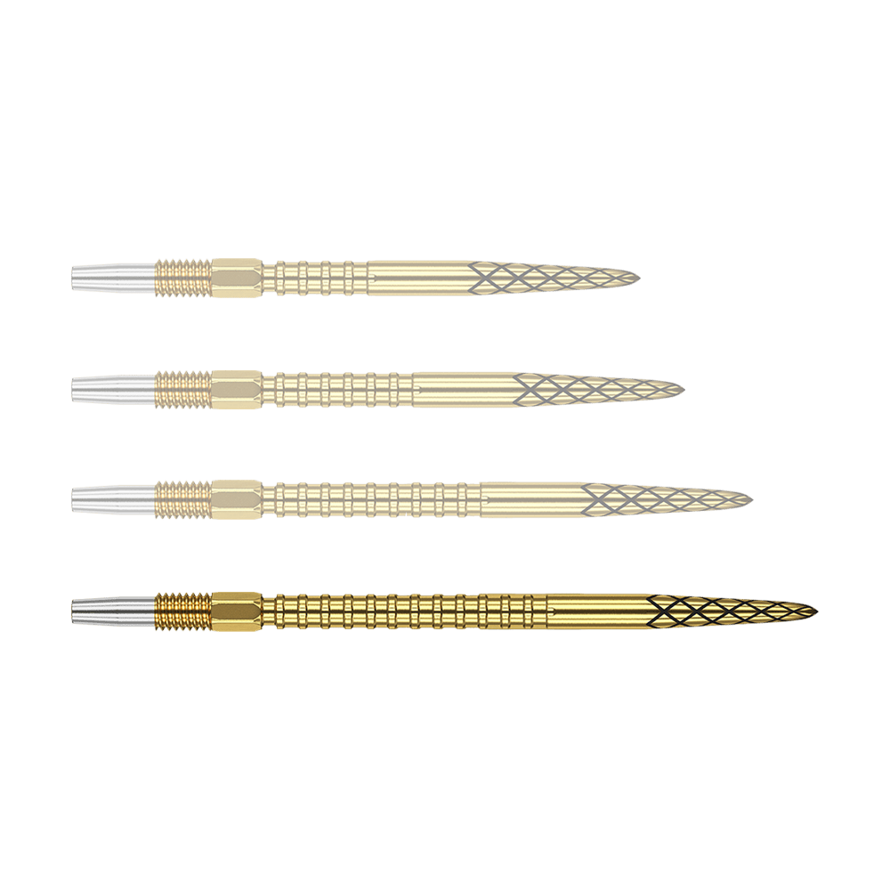 Das Bild zeigt vier goldene Dartspitzen mit einem silbernen Gewinde. Die Spitzen haben ein schwarz eingraviertes Rautenmuster.