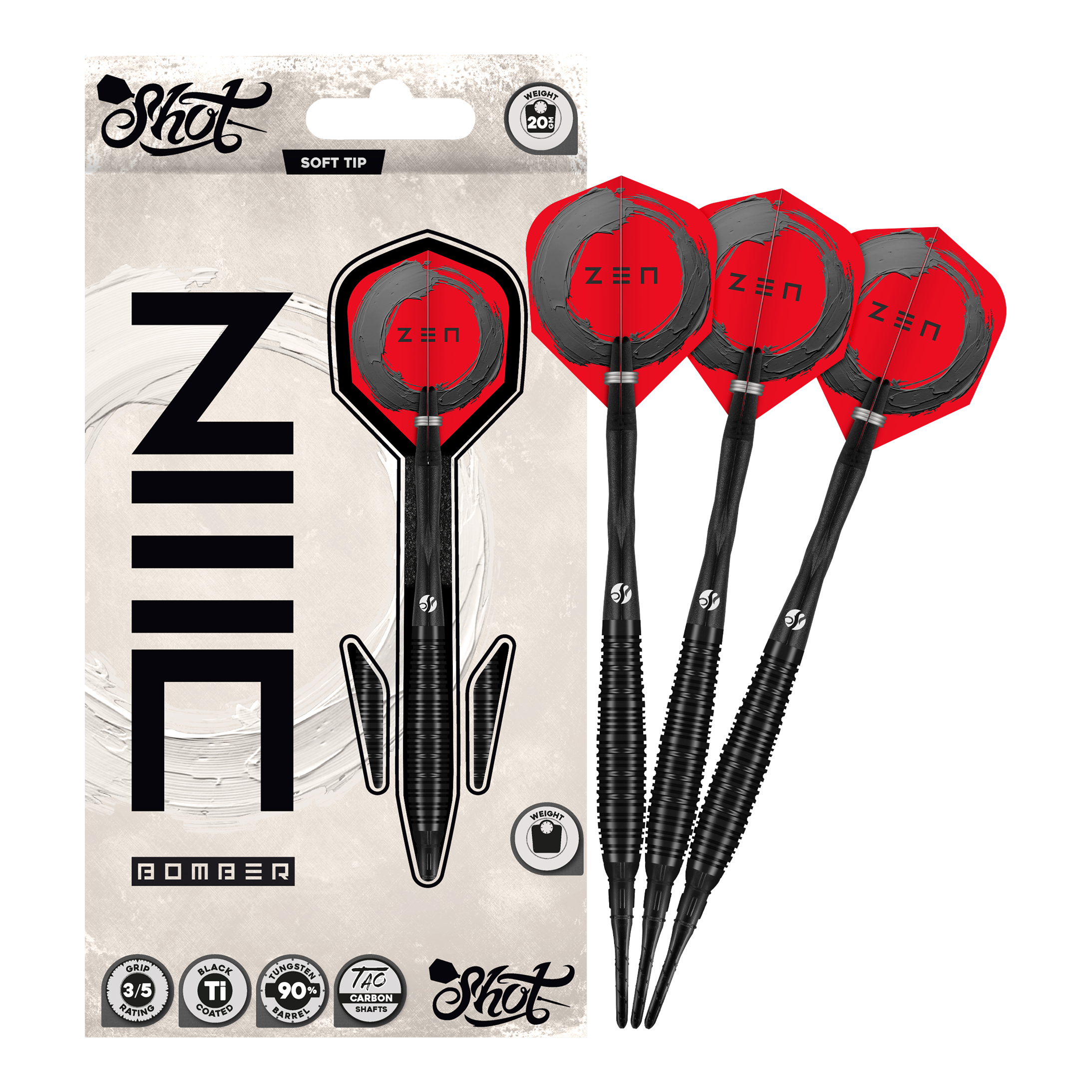 Dardos blandos Shot ZEN Bomber - 20 g Zu sehen sind die Shot ZEN Bomber Softdarts - 20g. Sie zeichnen sich durch ihre spezielle Form und das ansprechende Aussehen aus.
