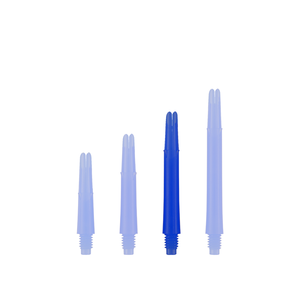 Ejes en L bloqueados rectos estilo L - Azul Auf dem Bild sind vier blaue, gerade Dartschäfte in unterschiedlichen Längen zu sehen. Sie stehen aufrecht nebeneinander auf weißem Hintergrund.