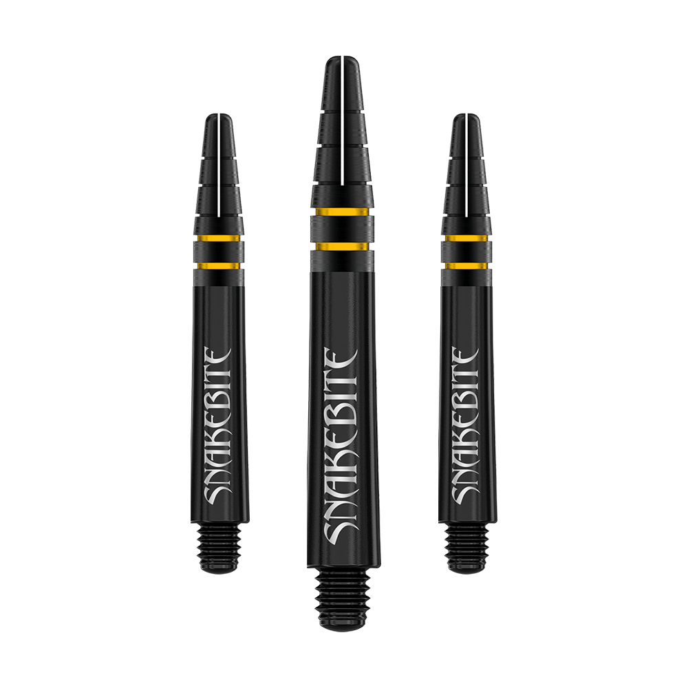 C722_Red_Dragon_Nitrotech_Peter_Wright_Black_Gold_Shafts_36mm_1 Das Bild zeigt drei schwarze Dartschäfte mit goldenen Ringen und der Aufschrift "SNAKEBITE". Die Schäfte sind das Modell "Red Dragon Nitrotech Peter Wright Shafts - Black Gold".