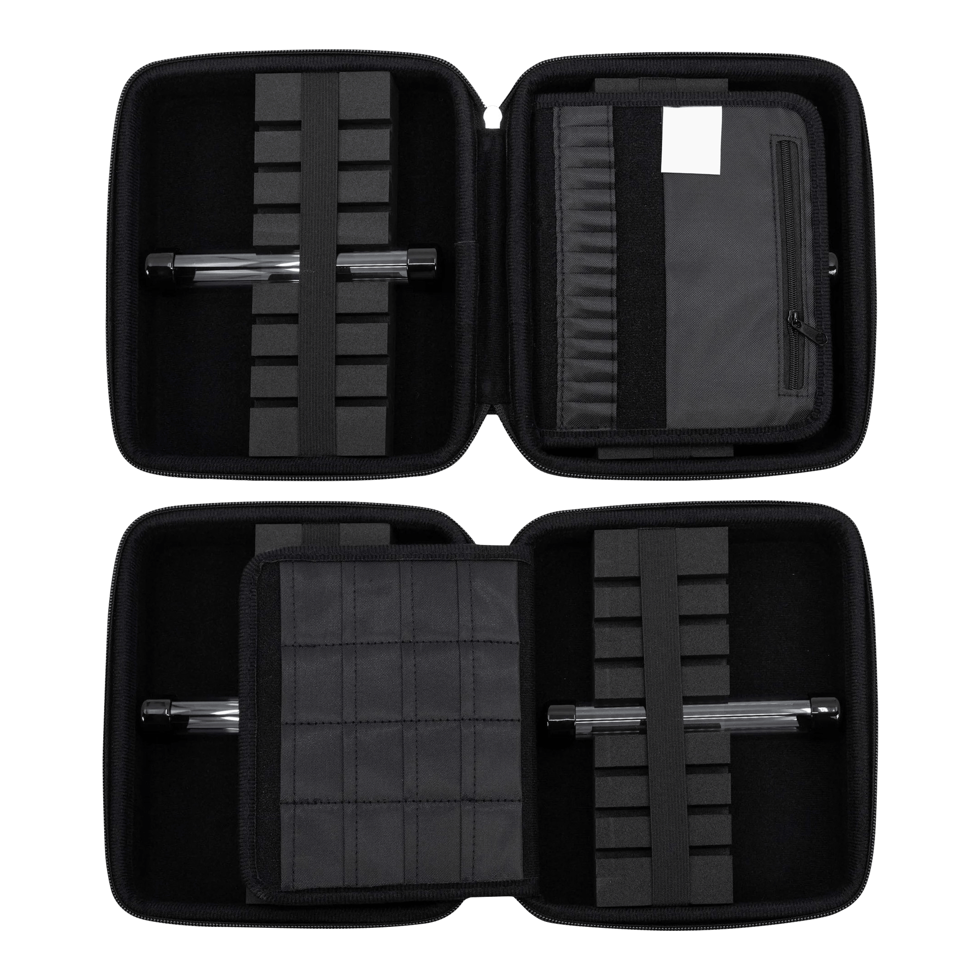 Cartera de dardos GOAT Locker XXL Das Bild zeigt das geöffnete GOAT Locker XXL Dartwallet mit mehreren Fächern und Halterungen für Dartzubehör. Die Darttasche ist schwarz und bietet viel Platz zur sicheren Aufbewahrung.