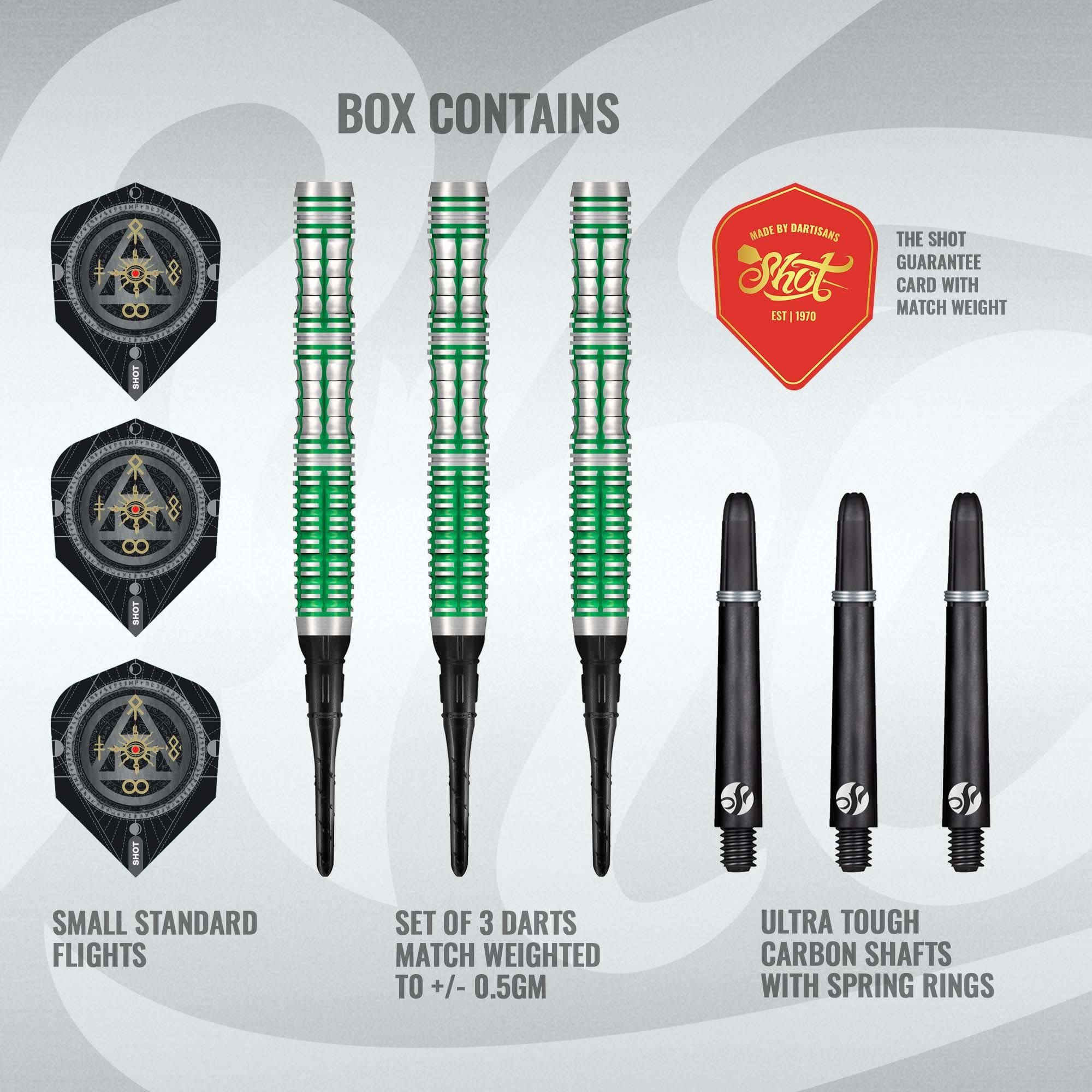 Dardos blandos Shot Alchemy Mythril - 20 g Hier sind die Shot Alchemy Mythril Softdarts - 20g abgebildet. Die Darts sind für das Spiel an Softdart-Automaten gedacht.