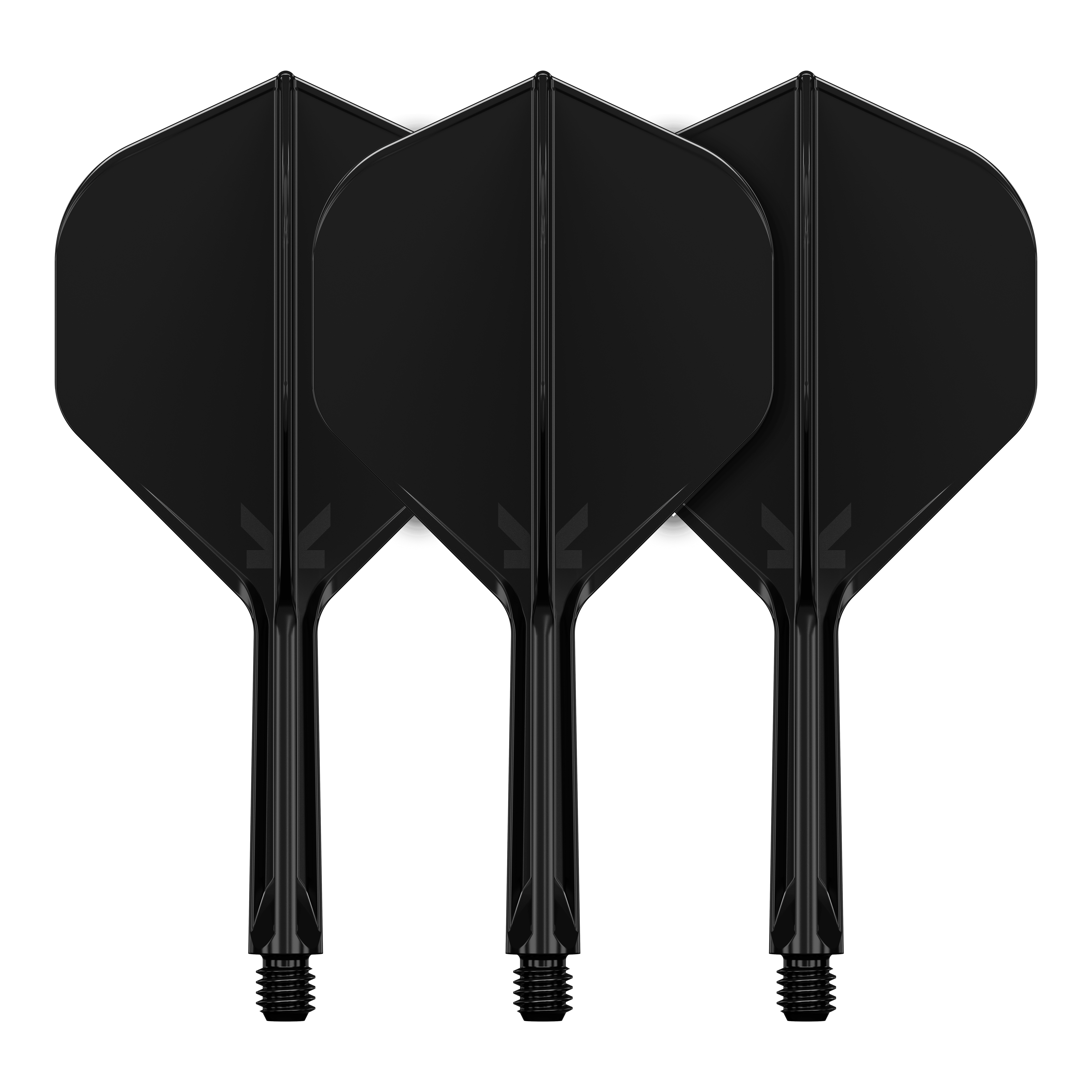 Sistema de vuelo estándar Target K-Flex No2 - Negro Das Bild zeigt drei schwarze Dartflights mit integrierten Schäften. Sie sind nebeneinander angeordnet und haben ein schlichtes, einfarbiges Design.