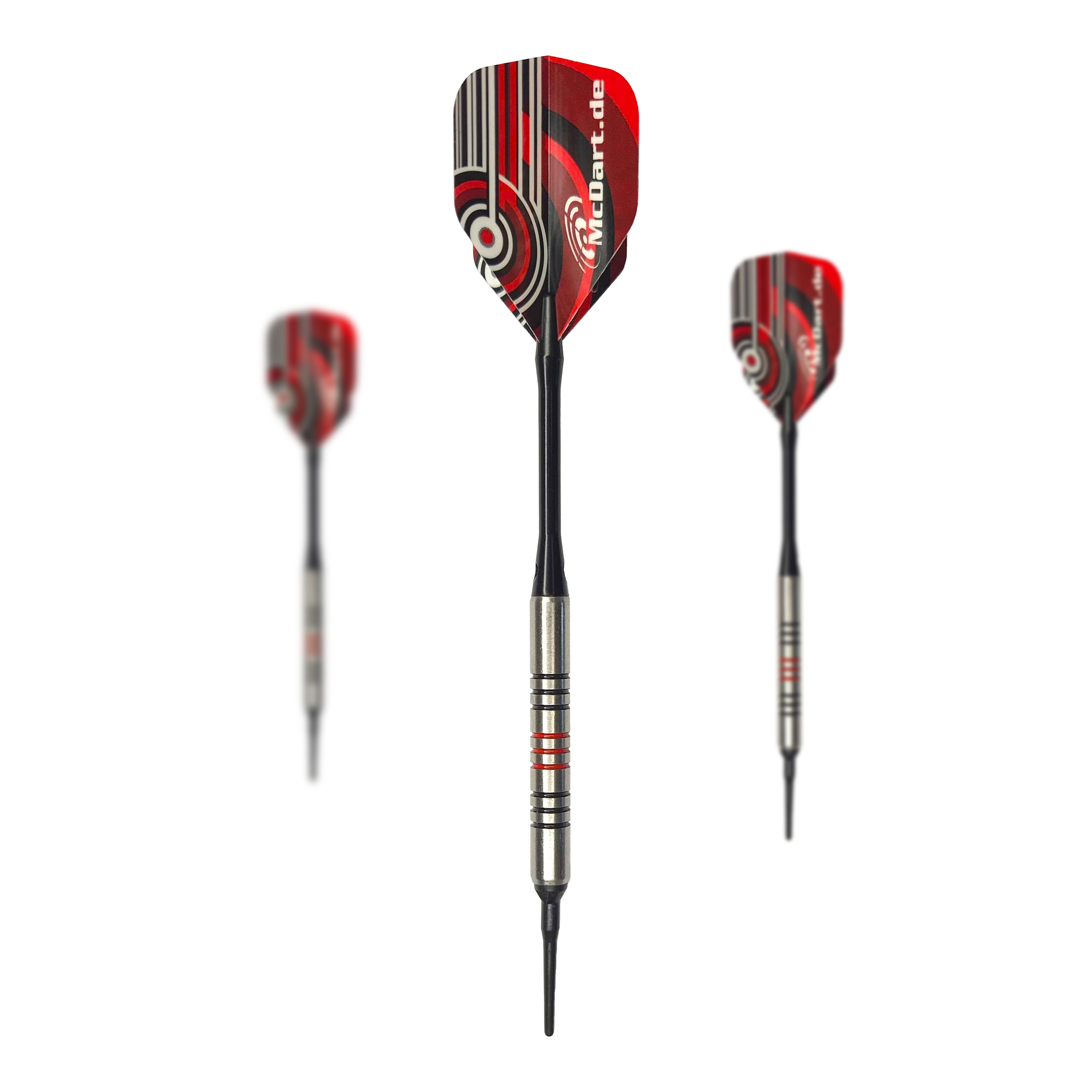 Dardos blandos McDart 85 Tungsten V11 - 17,5 g Das Bild zeigt drei Softdarts des Modells "McDart 85er Tungsten V11" mit einem Gewicht von 17,5 g. Die Darts haben einen silbernen Barrel mit roten Ringen und rote Flights mit grafischem Muster.