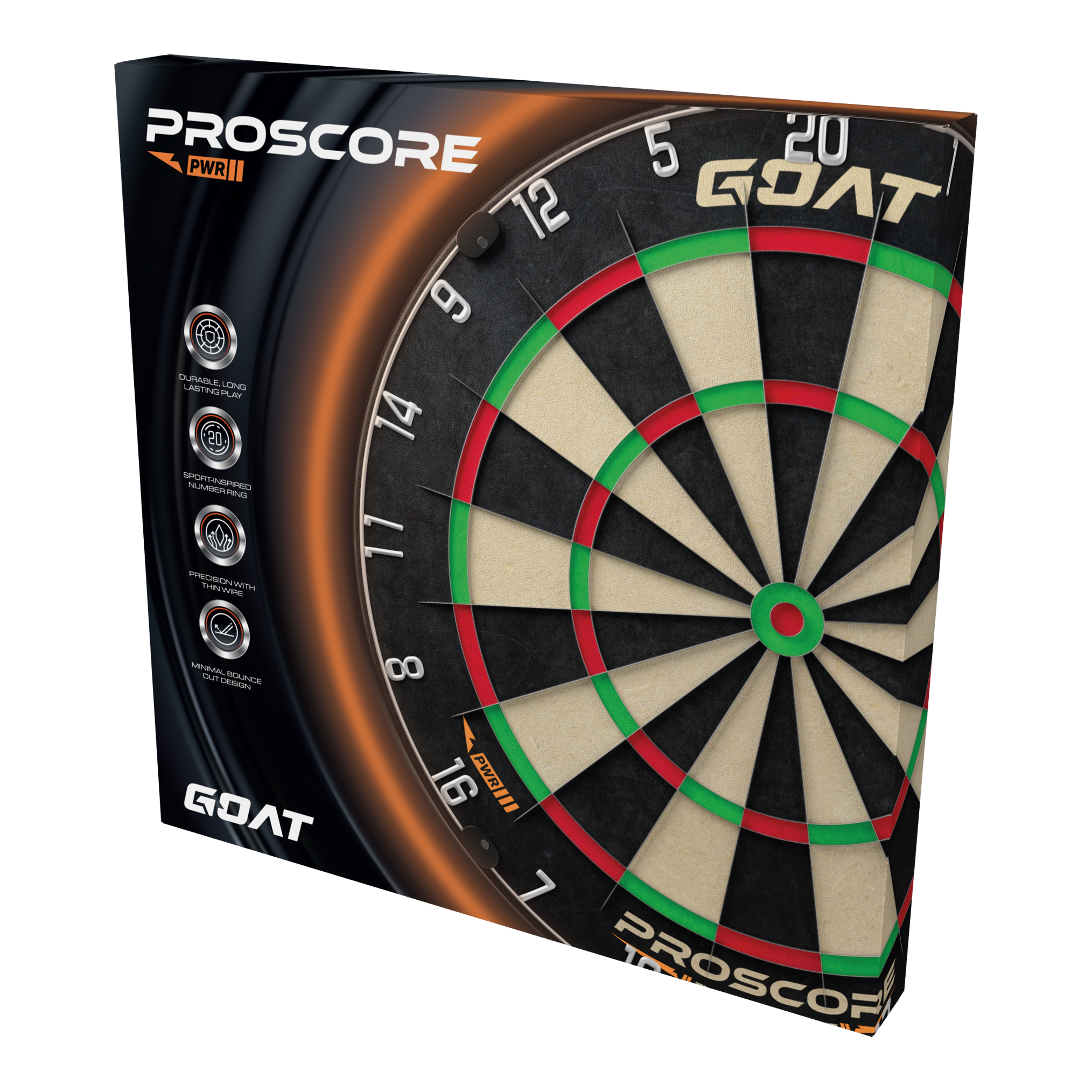 Diana de acero GOAT Proscore PWR Die Abbildung zeigt das Produkt „GOAT Proscore PWR Steeldartboard“ in seiner Verpackung. Auf der Box sind das Dartboard und verschiedene Produkthighlights sichtbar.