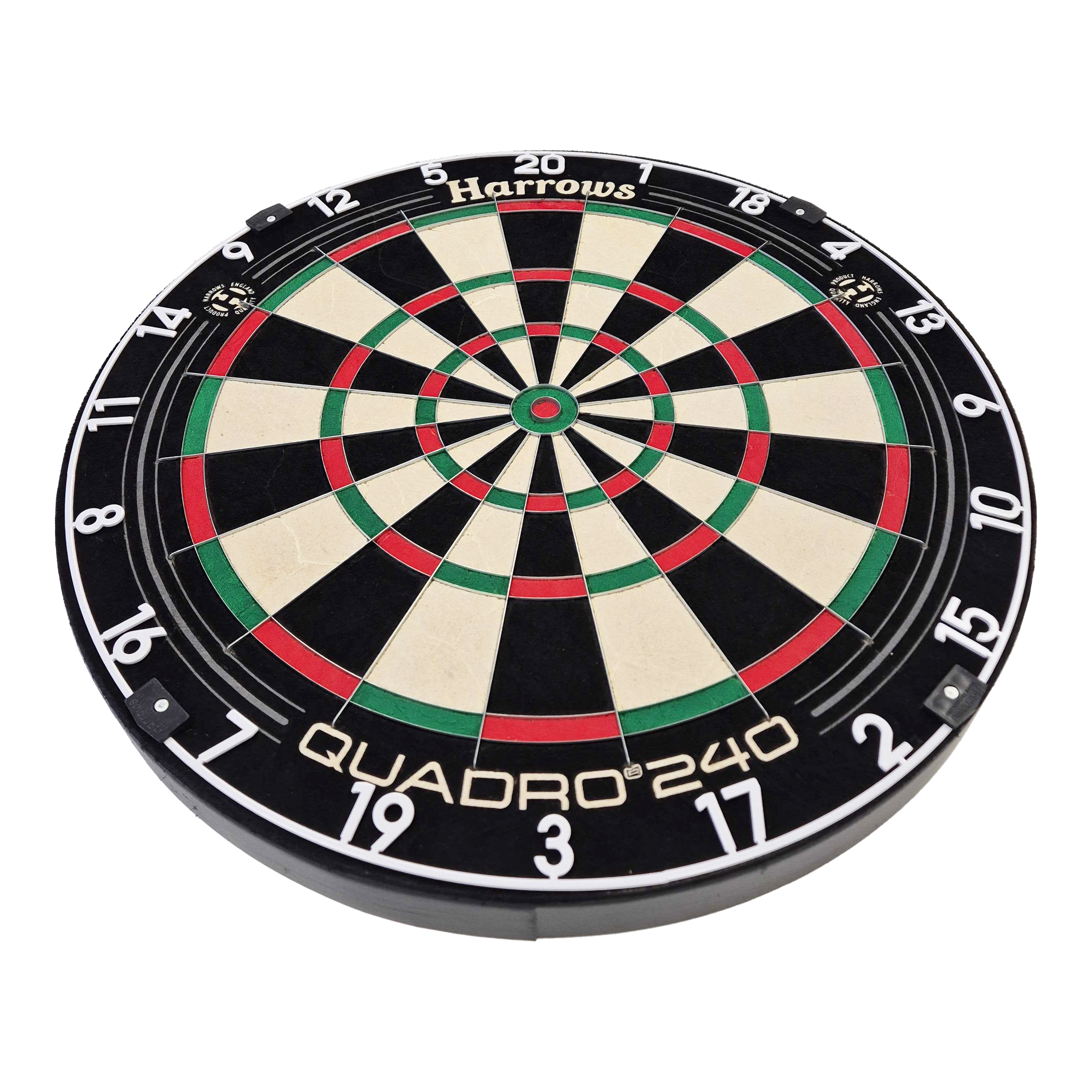 Diana de acero Harrows Quadro 240 Das Bild zeigt das Steeldartboard "Harrows Quadro 240". Die Dartscheibe ist rund und in verschiedene farbige Segmente unterteilt.