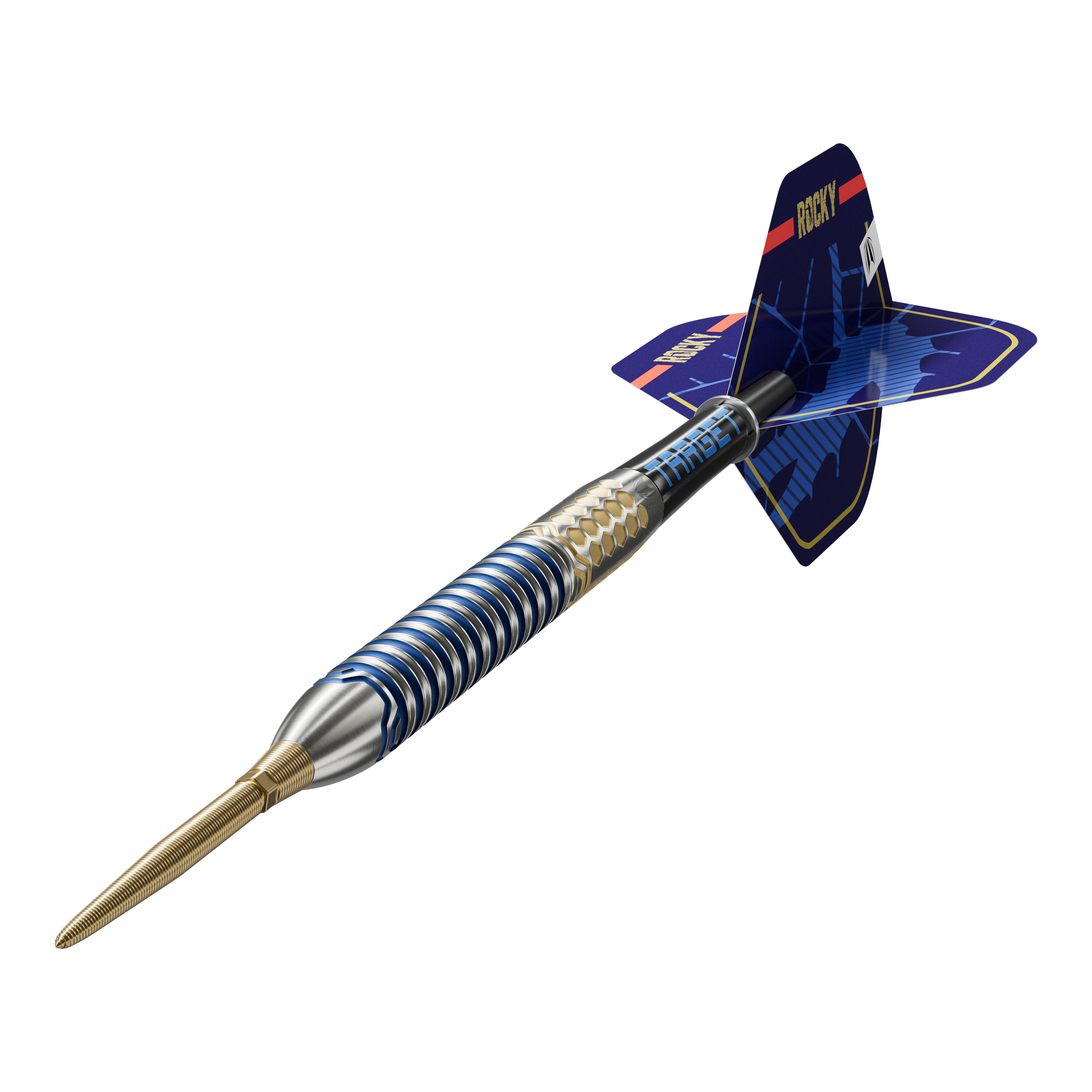 Dardos de acero Target Josh Rock GEN1 Swiss Point Das Bild zeigt einen Target Josh Rock GEN1 Swiss Point Steeldart. Der Dartpfeil hat ein auffälliges Design mit blauen und goldenen Akzenten sowie einem verzierten Flight.