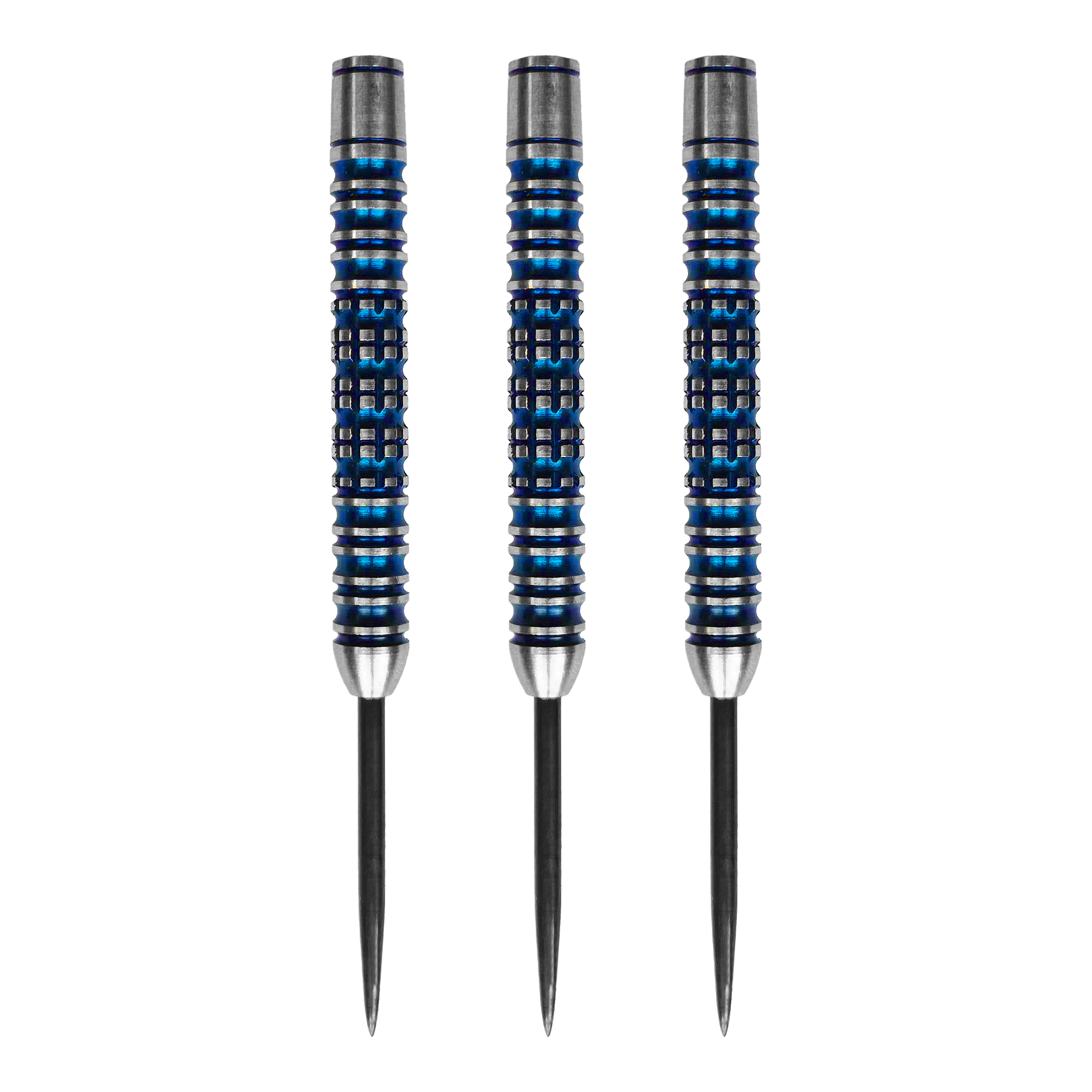 Barriles de dardos de acero McDart Ocean - 23 g Das Bild zeigt drei McDart Ocean Steeldart Barrels mit einem Gewicht von 23g. Die Barrels sind silberfarben mit blauen Rillen und haben eine strukturierte Oberfläche.