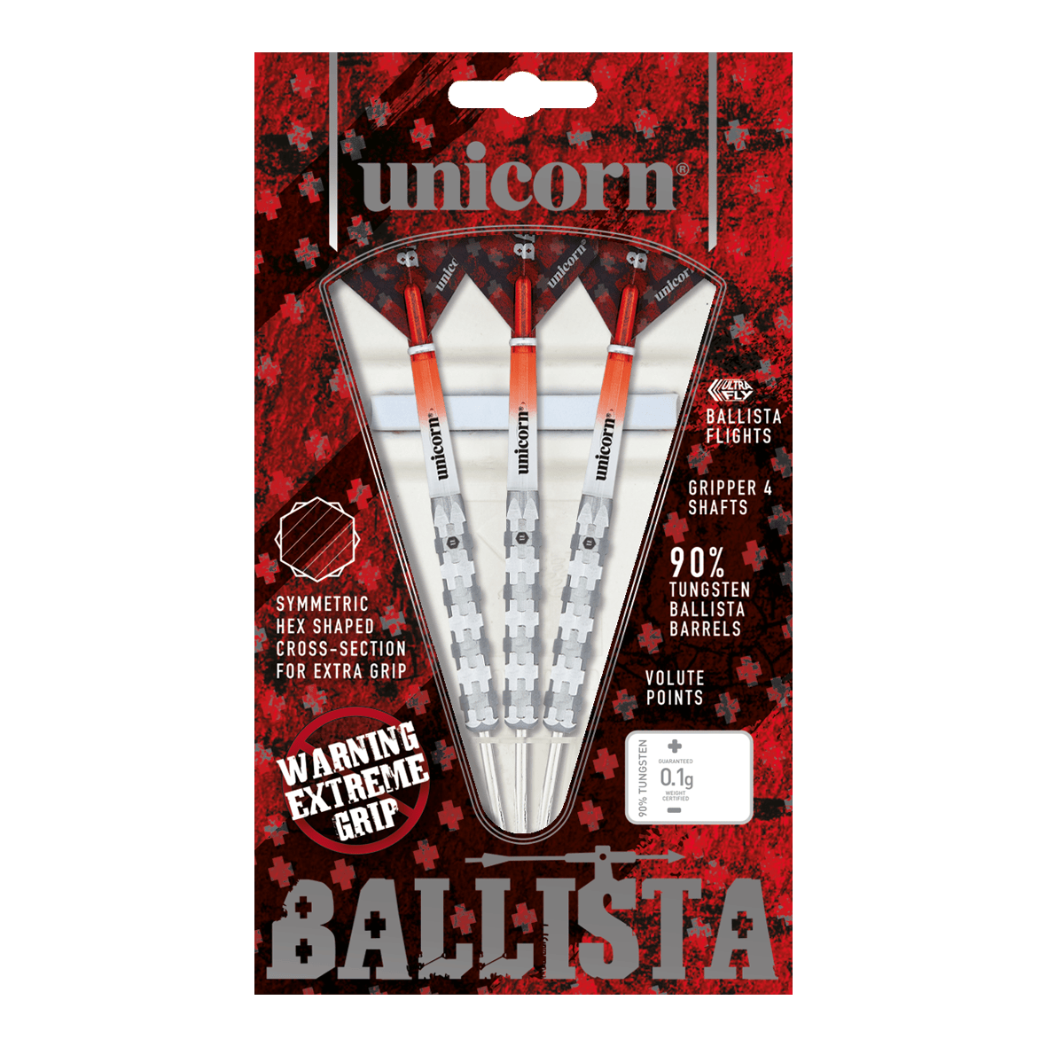 Dardos de acero Unicorn Ballista Style 1 Das Bild zeigt die "Unicorn Ballista Style 1 Steeldarts" in ihrer Verpackung. Die Darts haben einen extremen Grip und bestehen zu 90% aus Tungsten.