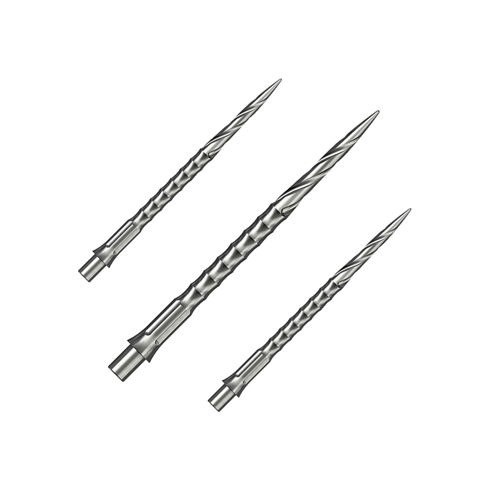 Puntas de dardos de acero Caliburn System - Spiro - NoLip - plateadas Das Bild zeigt vermutlich eine Steeldartspitze aus Silber mit einer Länge von 36 mm. Es handelt sich um eine Spiro NoLip Spitze aus dem Caliburn Evo System.