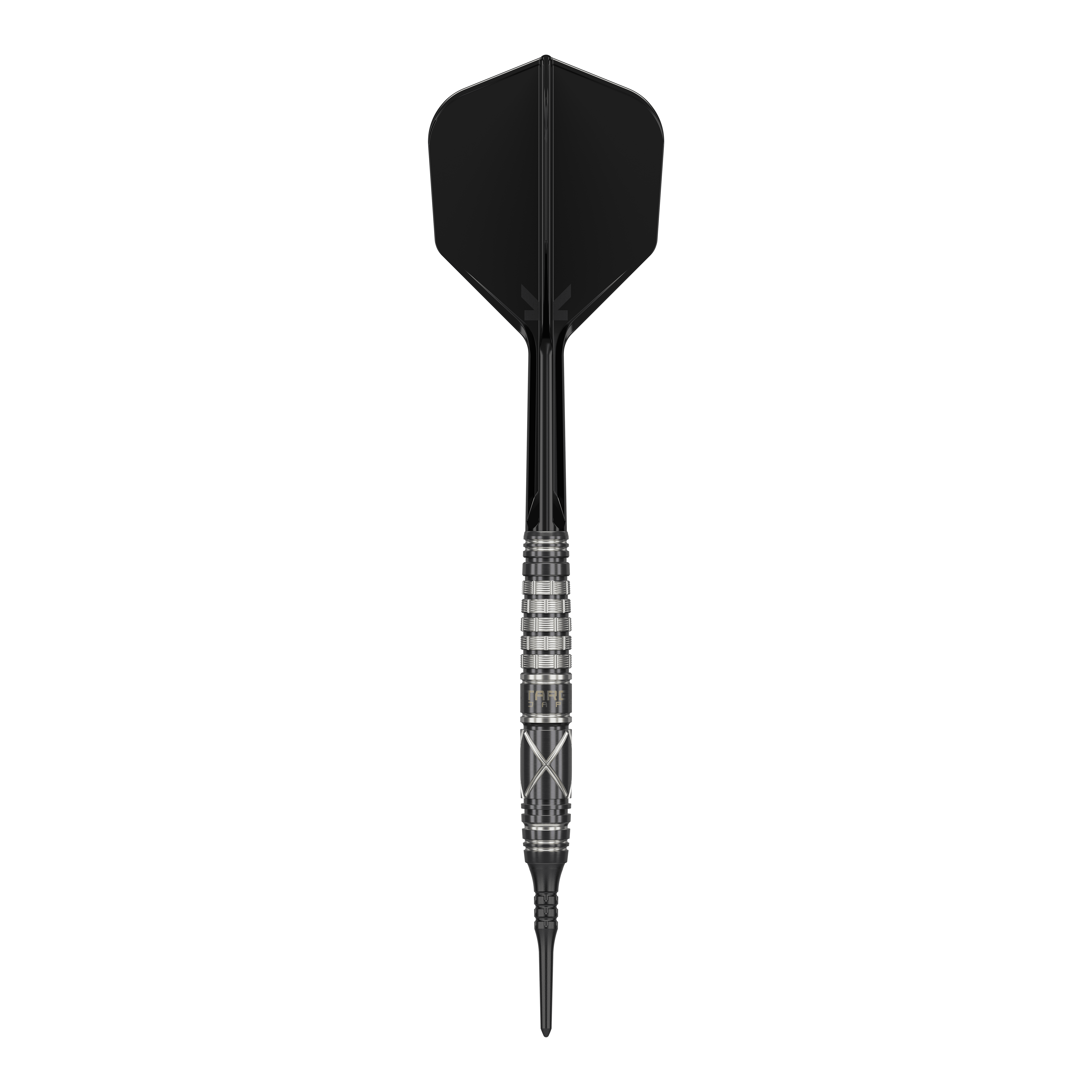 Dardos blandos Target Japan Black Marque Chaos 2 - 19 g Das Bild zeigt einen Softdart namens "Target Japan Black Marque Chaos 2" mit einem Gewicht von 19 Gramm. Der Dart hat ein elegantes, schwarzes Design mit silbernen Akzenten am Griff.