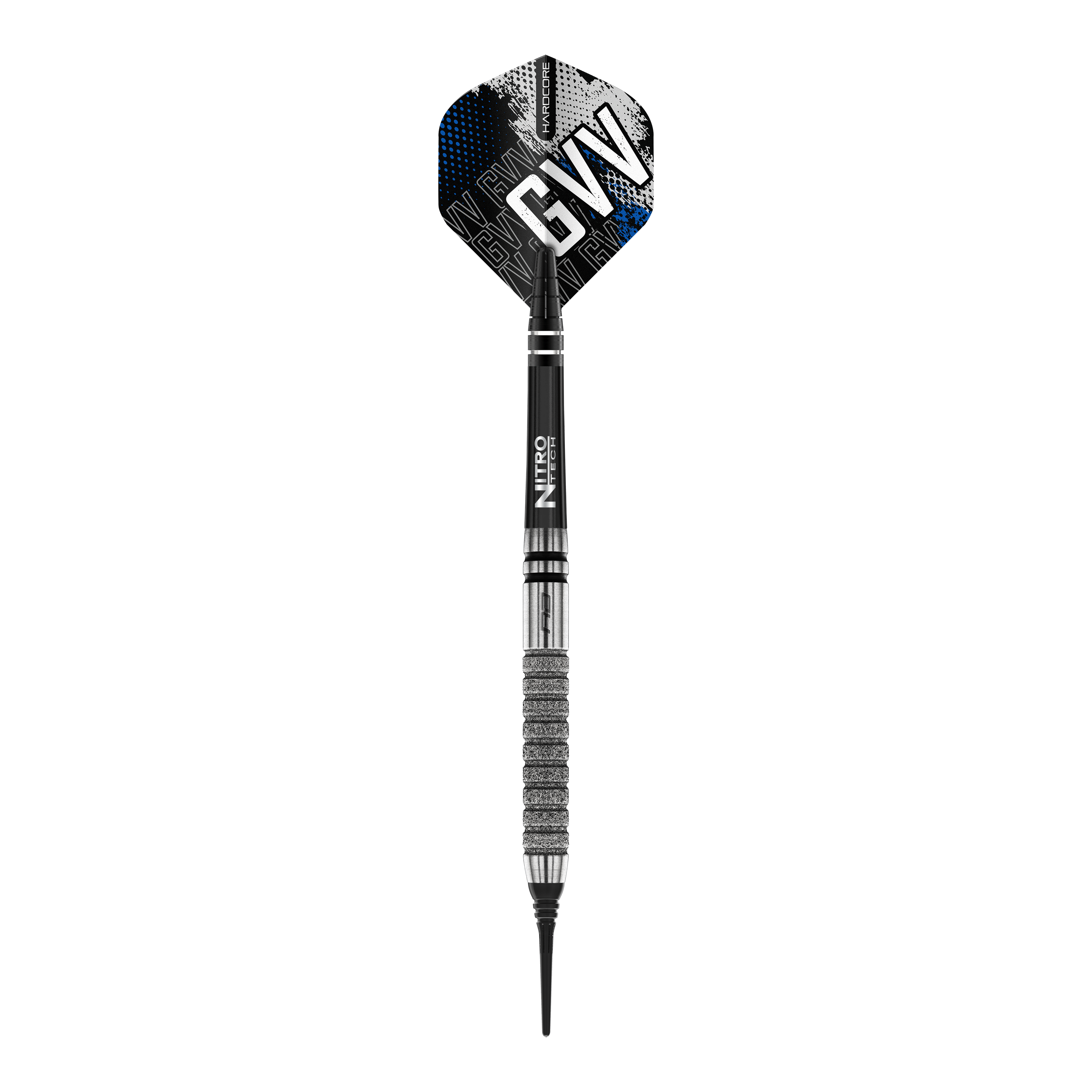 Dies ist ein Softdart aus der Serie "Red Dragon Gian Van Veen Tour Edition" mit einem Gewicht von 20g. Der Dart hat ein modernes Design mit silbernen und schwarzen Elementen sowie den Initialen "GVV" auf dem Flight.