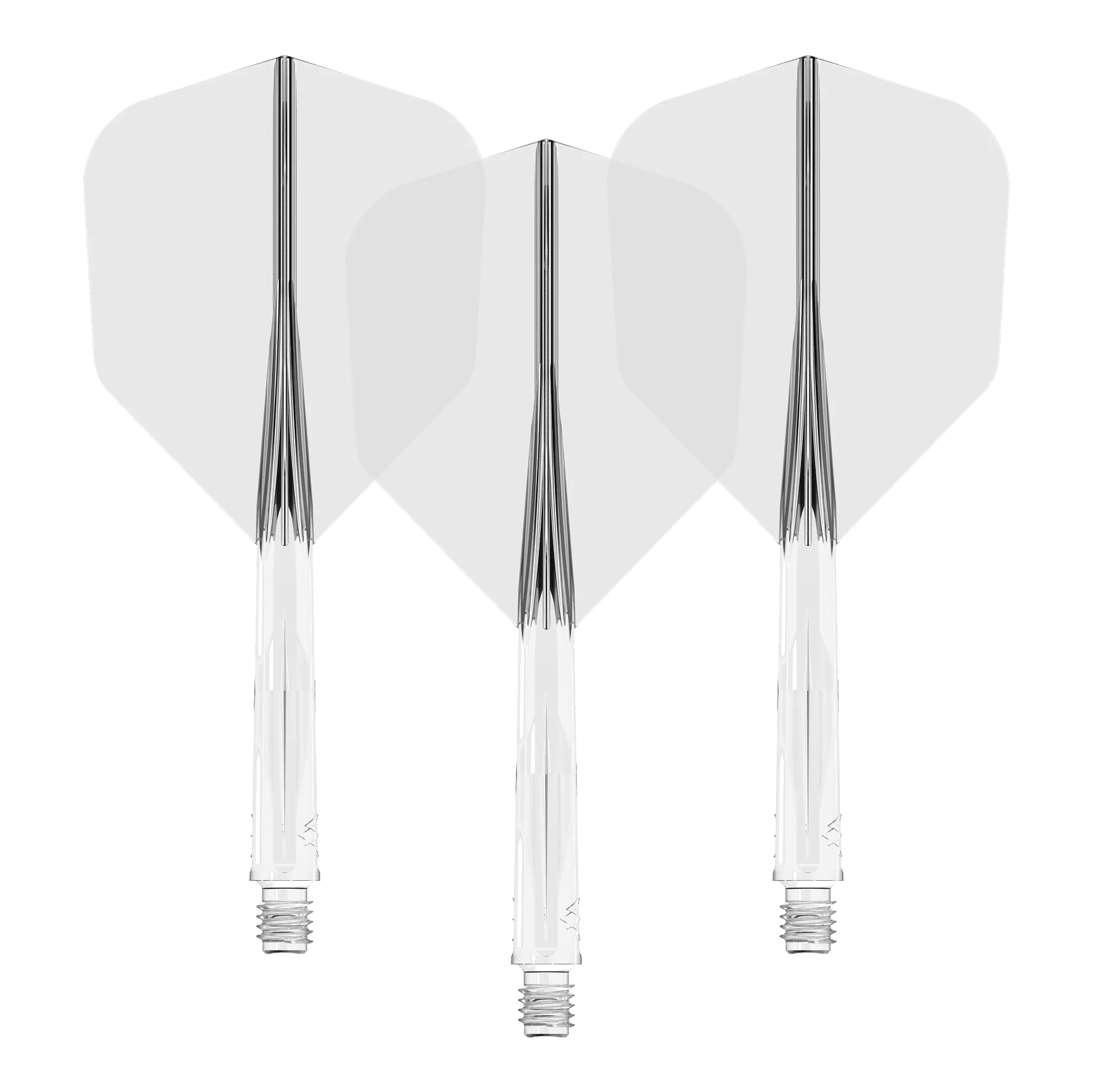 Sistema de eje de vuelo Mission Force 90 No6 - Transparente Das Bild zeigt drei durchsichtige Dartschäfte mit weißen Flights. Sie sind nebeneinander in einer Reihe angeordnet.