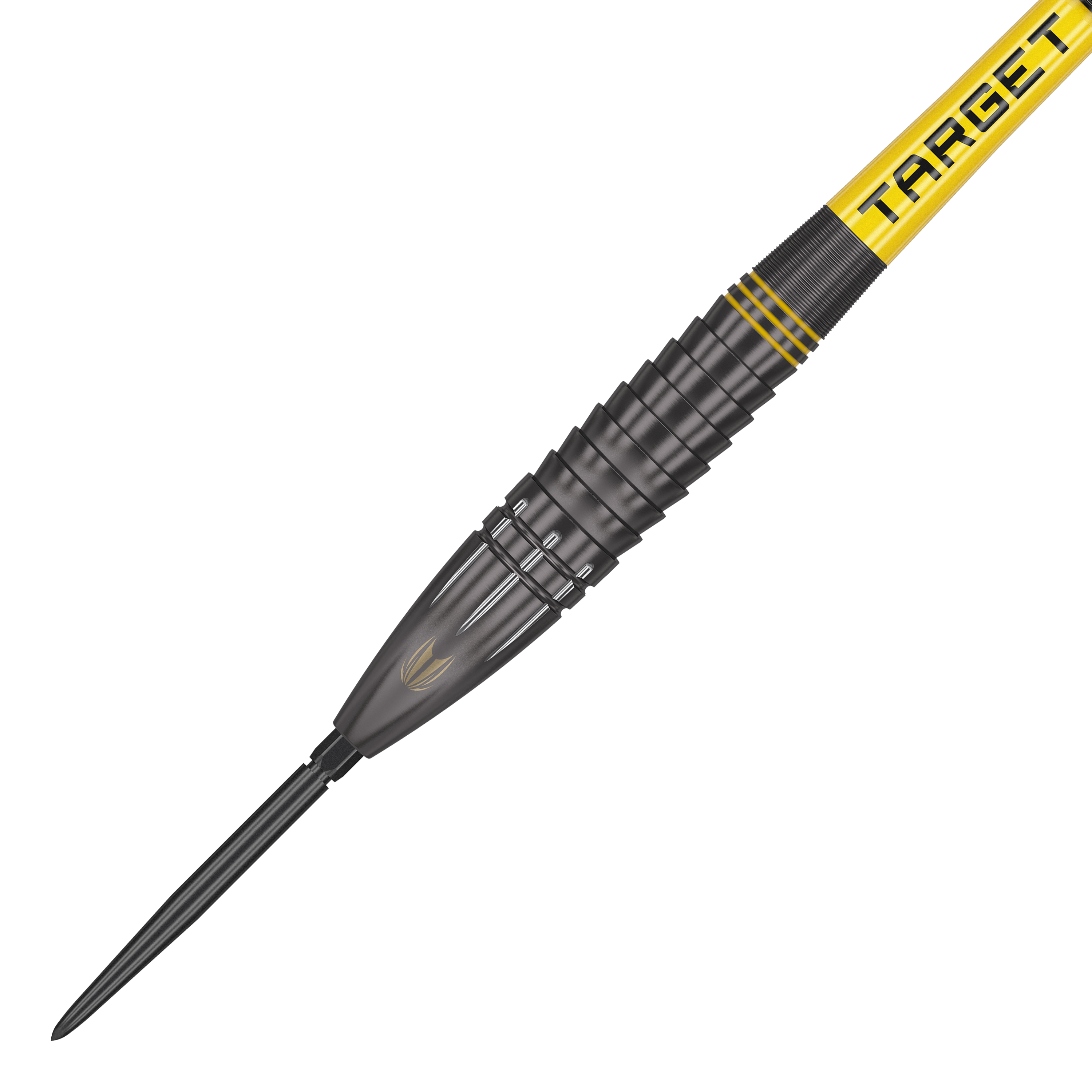 Dardos de acero Target Scott Williams Shaggy Black Swiss Point Das Bild zeigt den Target Scott Williams Shaggy Black Swiss Point Steeldart. Der Dart ist schwarz mit gelben Akzenten und hat die Aufschrift "TARGET" auf dem Schaft.