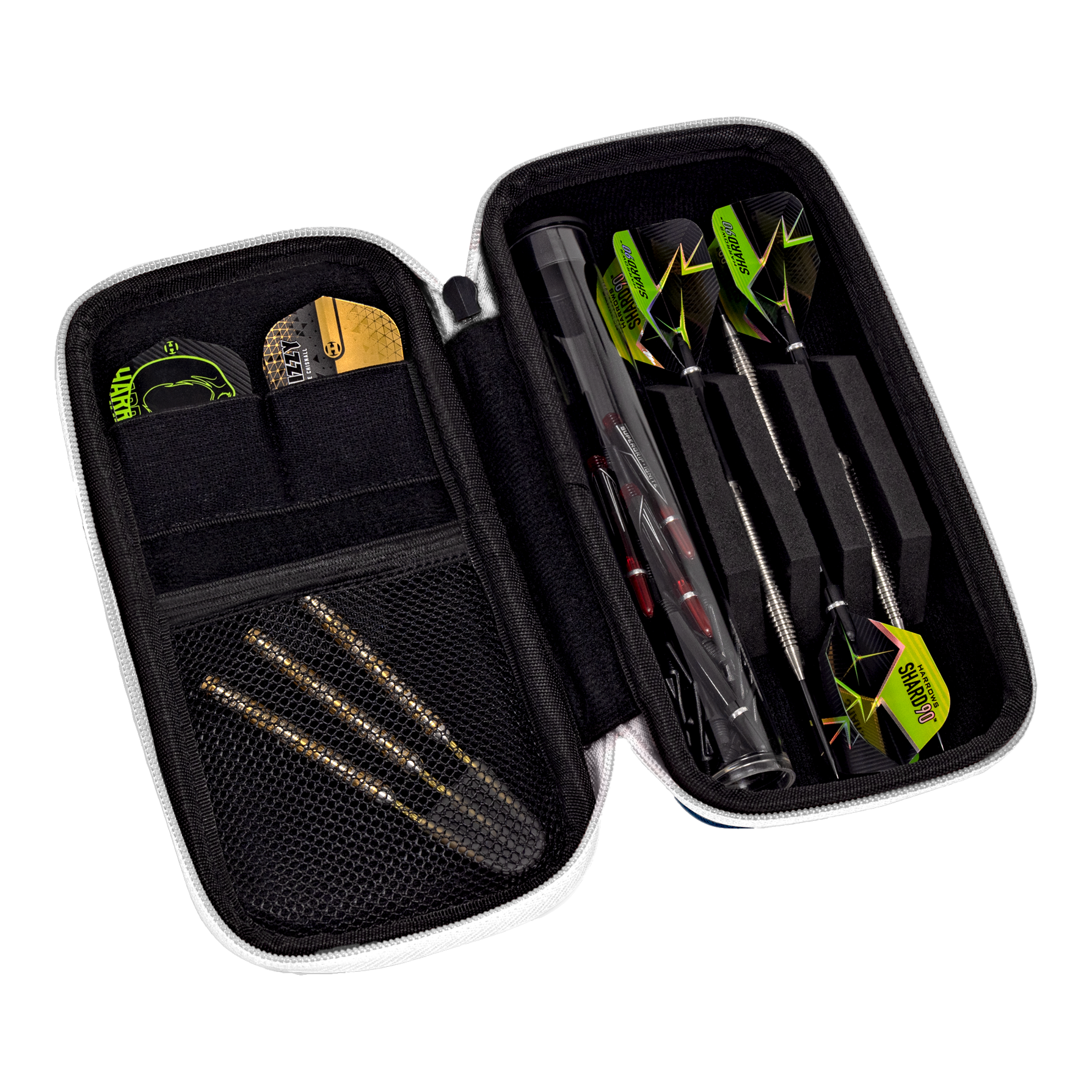 Cartera inteligente Harrows Dartcase Das Bild zeigt ein geöffnetes Dart-Etui mit mehreren Fächern. Darin befinden sich drei zusammengesteckte Darts, Ersatzteile und weiteres Dart-Zubehör.