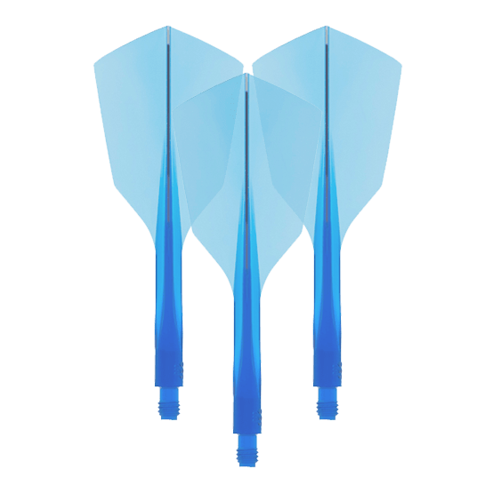 Sistema de vuelo Condor Ax 120 Azul claro - Estrecho Das Bild zeigt drei blaue Dart-Flights mit integriertem Schaft. Es handelt sich um das Produkt "Condor Axe 120 Flight-System Clear Blue - Narrow".