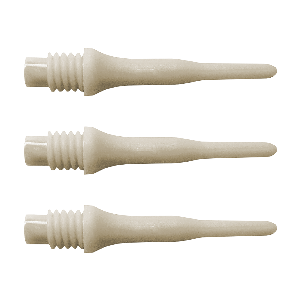 896_Bulls_Tefo_X_Softdart-Spitzen_100erPack_Weiss_1 Das Bild zeigt drei weiße Kunststoffspitzen für Soft-Darts. Es handelt sich um das Produkt "Bulls Tefo X Spitzen (100er Pack)".
