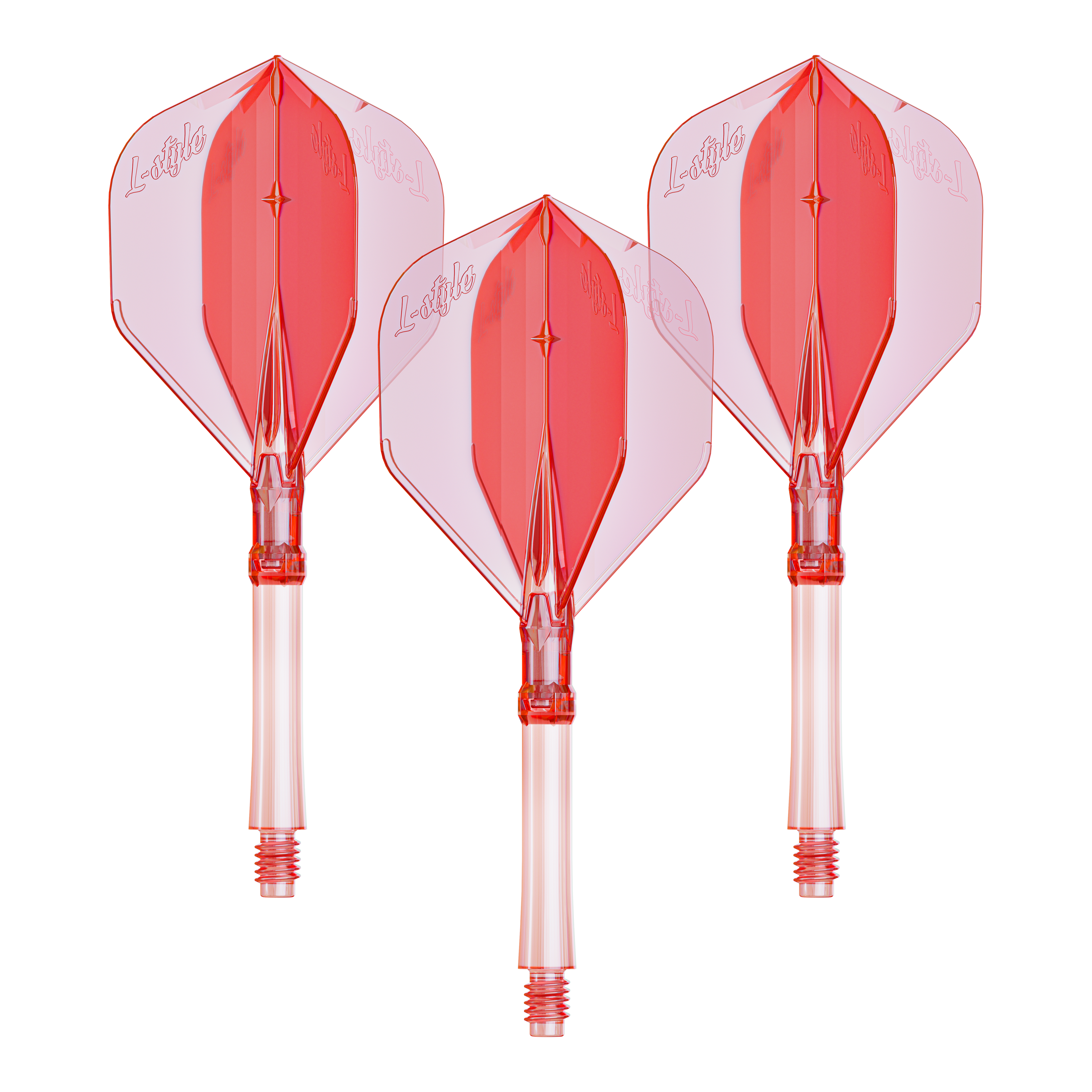 Vuelos L-Style L-System - Rojo transparente Ein Set mit großen klar roten Dart-Flights aus dem L-System. Praktisch für Dartspieler, die ihre Ausrüstung verbessern möchten.