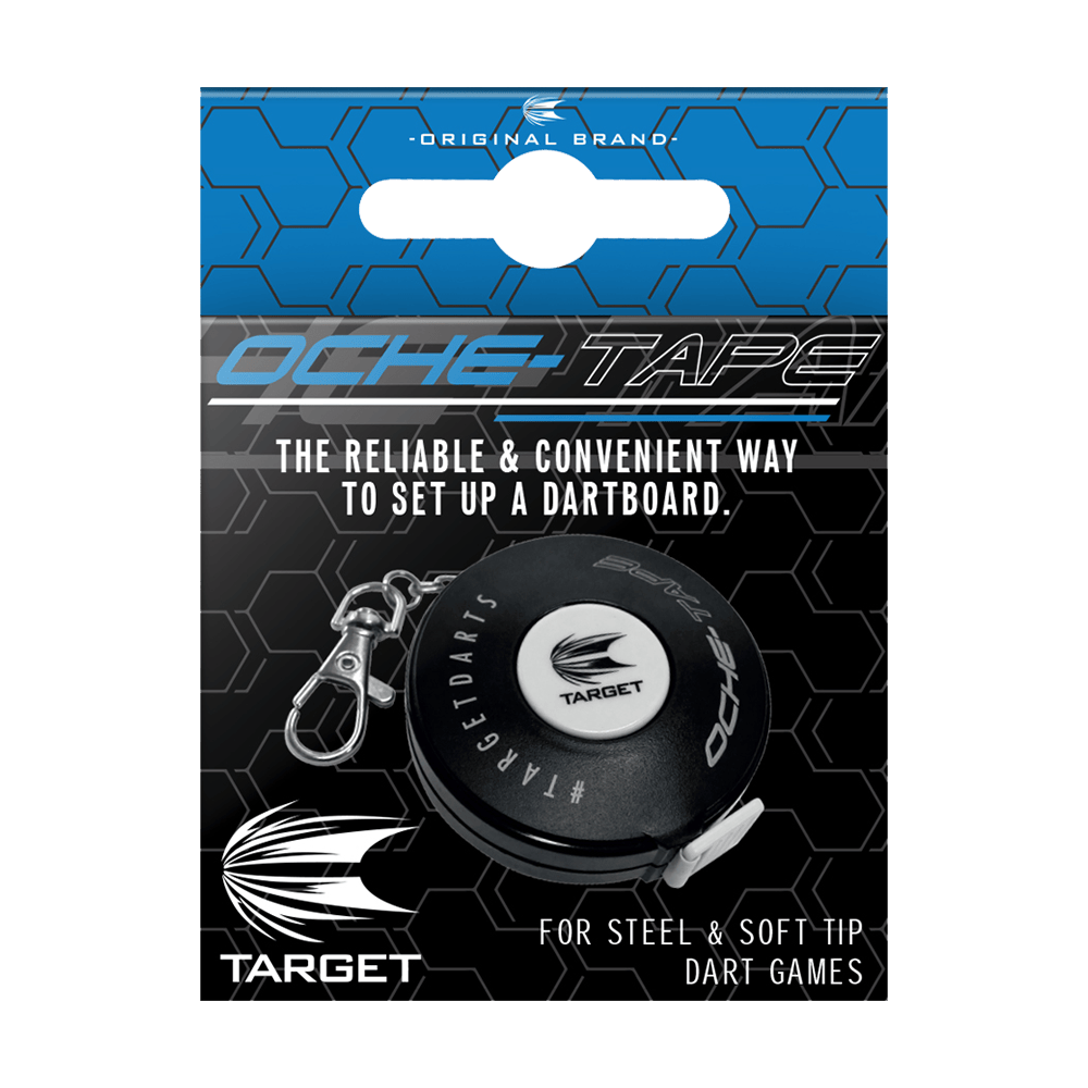 128810_Target_Oche-Tape_Abstandsmesser_Massband_2 Das Bild zeigt das Produkt "Target Oche-Tape Abstandsmesser" in seiner Verpackung. Es wird als zuverlässiges und praktisches Werkzeug zur Einrichtung eines Dartboards beschrieben.