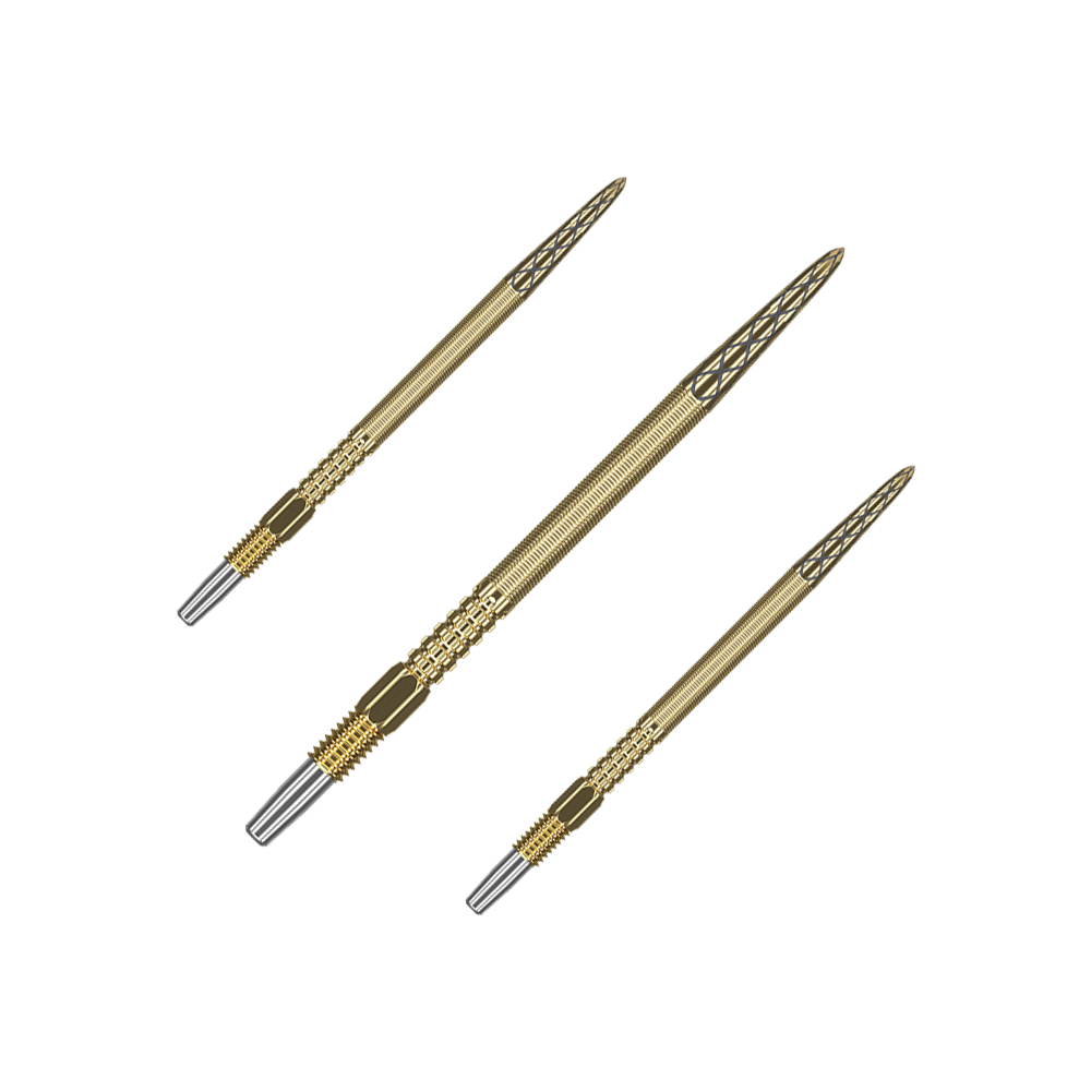 Auf dem Bild sind drei goldene Dartspitzen zu sehen. Sie haben ein feines Rillenmuster und silberne Enden.