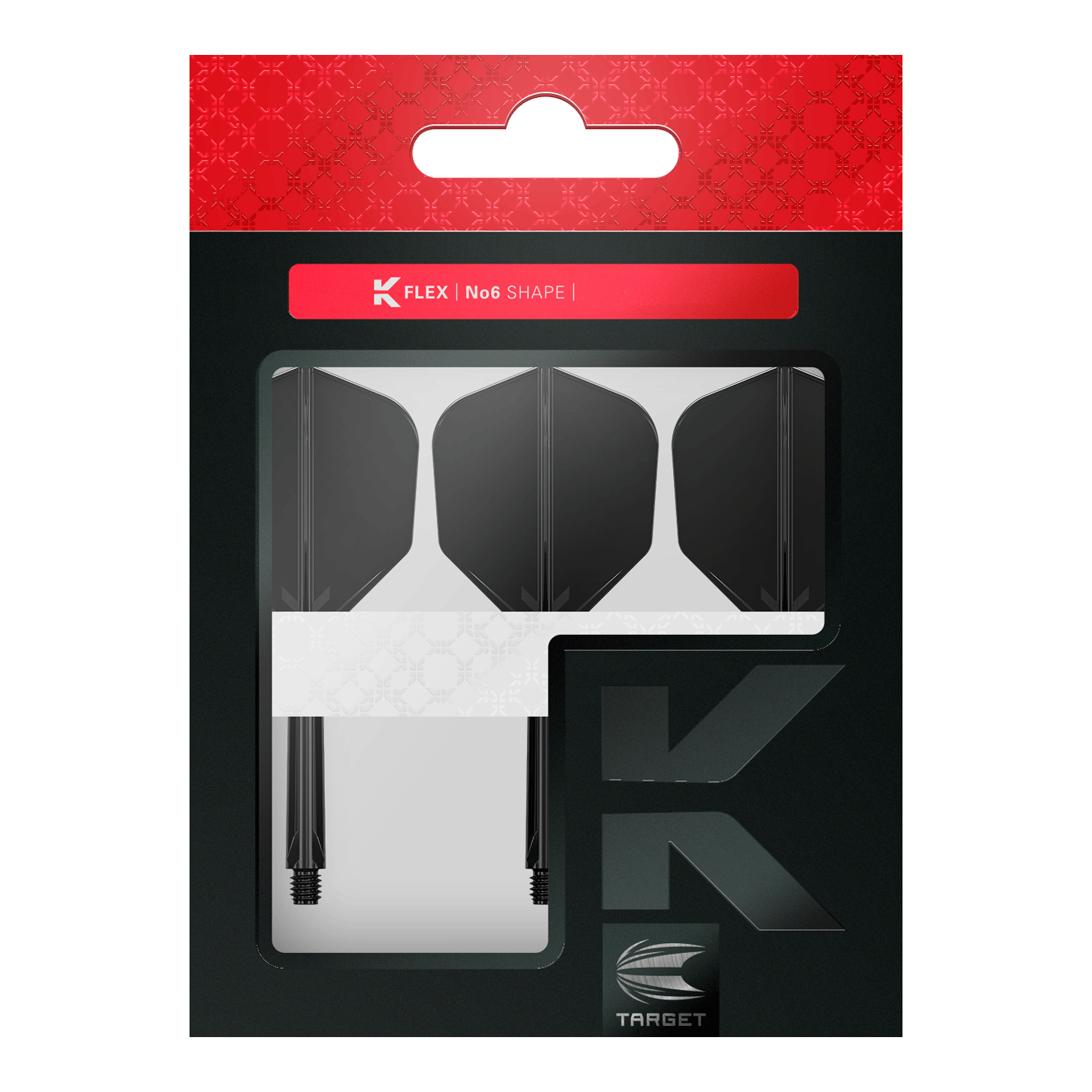 Sistema de vuelo Target K-Flex No6 - Negro Dieses Bild zeigt eine Packung mit schwarzen Dart-Flights und Schäften von der Marke Target. Die Verpackung ist überwiegend schwarz mit einem roten Abschnitt oben und trägt die Aufschrift "K Flex No6 Shape".