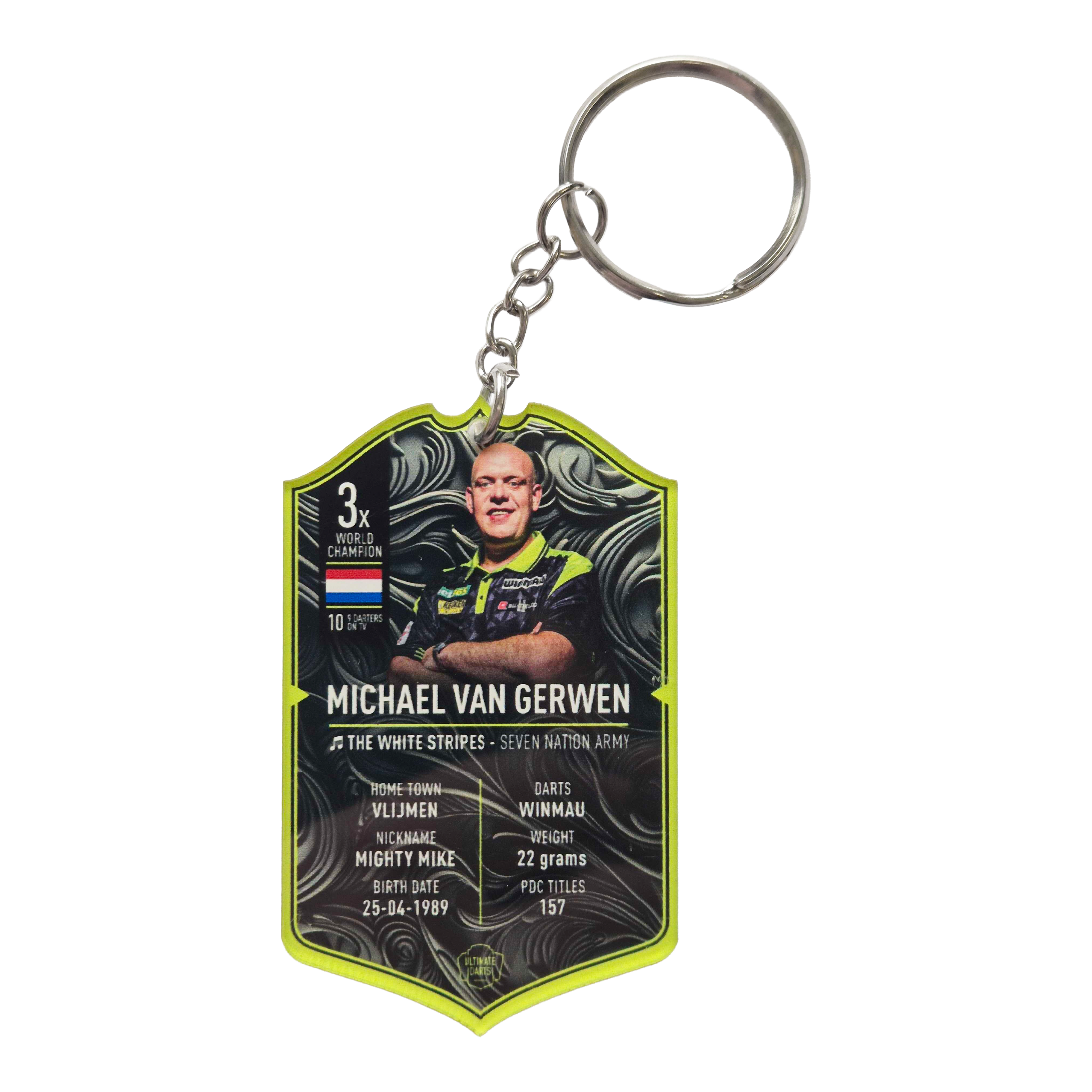 Llavero con tarjeta de dardos definitivo - Michael Van Gerwen Ultimate Darts Card Schlüsselanhänger - Michael Van Gerwen ist zu sehen. Der Schlüsselanhänger zeigt ein Motiv des berühmten Dartspielers Michael Van Gerwen.