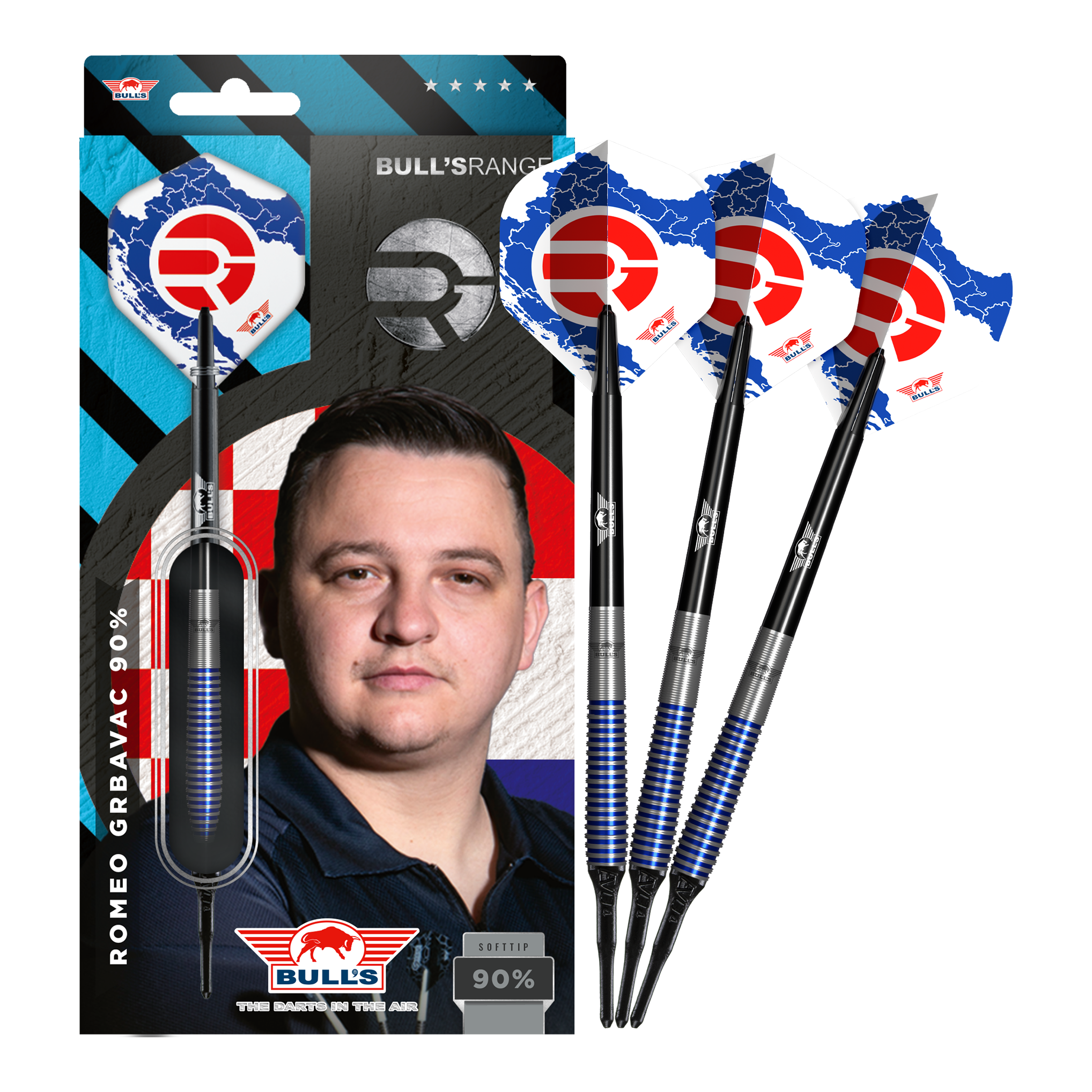 Dardos blandos Bulls NL Romeo Grbavac - 19 g Das Bild zeigt das Produkt "Bulls NL Romeo Grbavac Softdarts- 19g" mit einer Verpackung, auf der ein Porträt des Spielers abgebildet ist. Neben der Verpackung sind drei Softdarts mit blau-schwarzen Schäften und auffälligen Flights zu sehen.