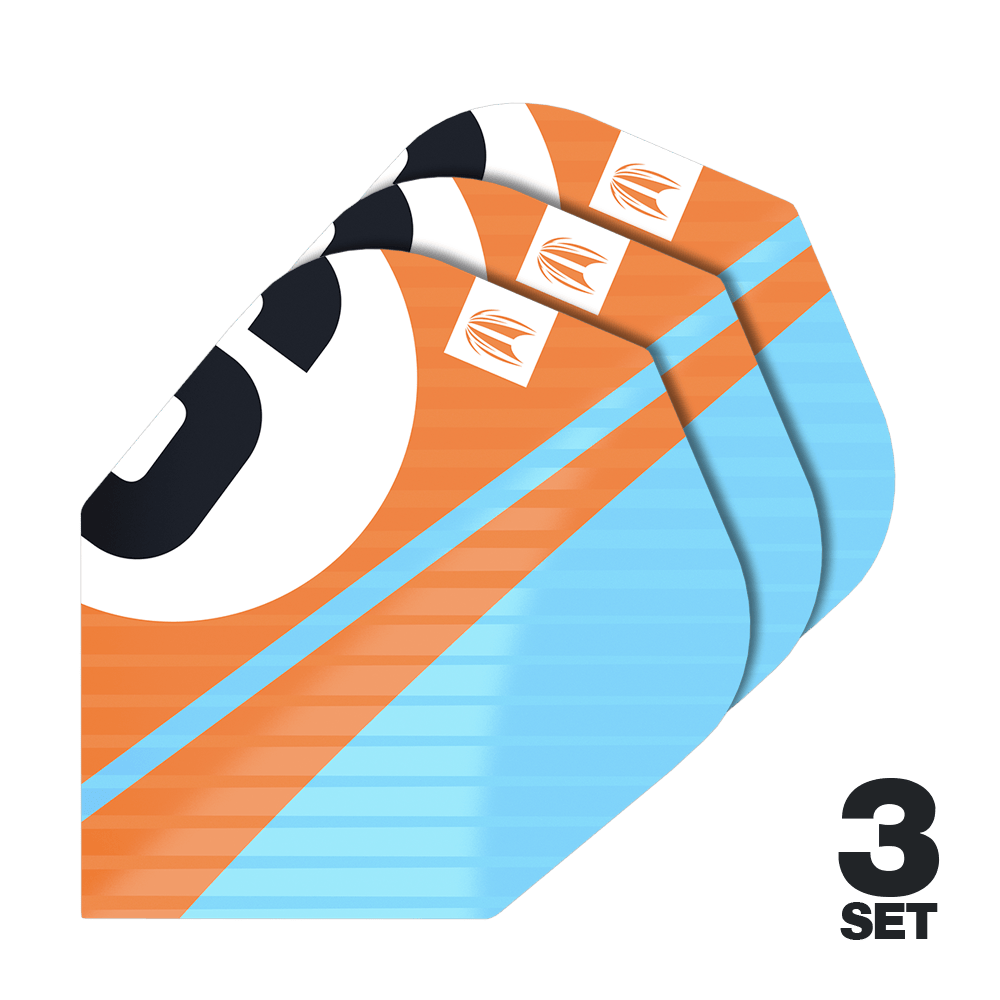 Plumas Target Pro Ultra Chicane Naranja No6 - 3 juegos Das Bild zeigt drei Sets von Target Pro Ultra Chicane Orange No6 Flights für Dartpfeile. Die Flights sind in Orange, Blau und Schwarz gestaltet und tragen das Target-Logo.