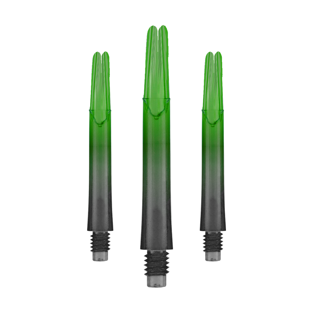 Varilla L-L-Style-Shaft Locked Straight Natural9 de dos tonos - Verde Auf dem Bild sind drei grün-schwarze Dartschäfte zu sehen. Sie sind gerade geformt und haben ein Schraubgewinde am unteren Ende.